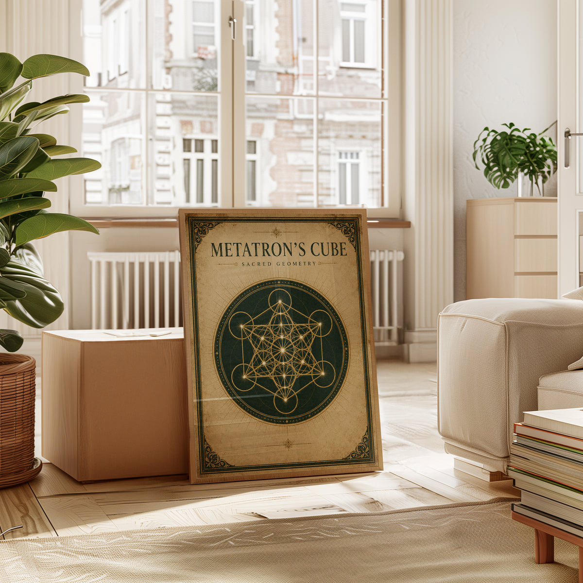 Sacred Geometry Print: Metatron's Cube (Gold Linework on Green) - interior