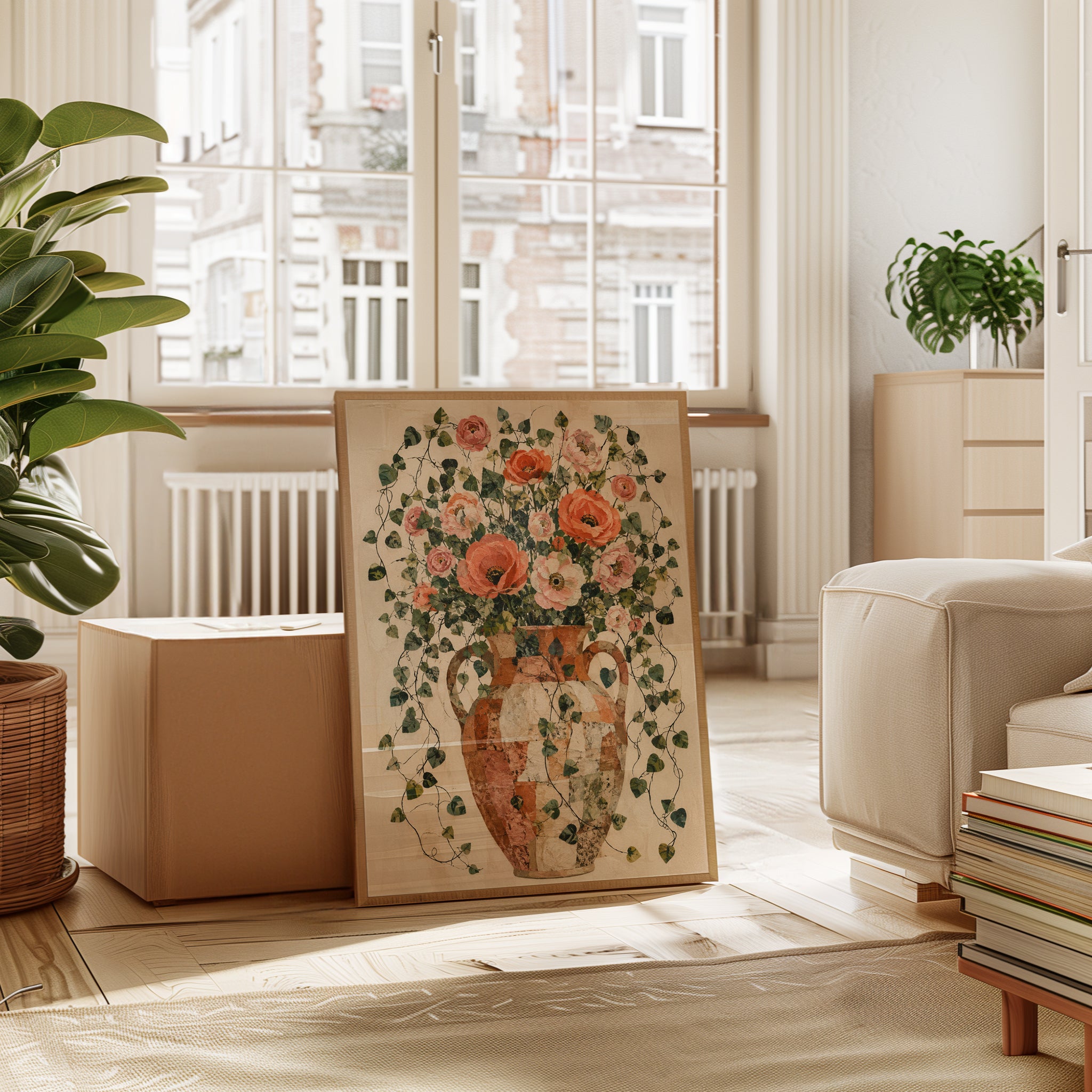 Coral Poppies and Roses in Terracotta Vase: Botanical Wall Art - interior