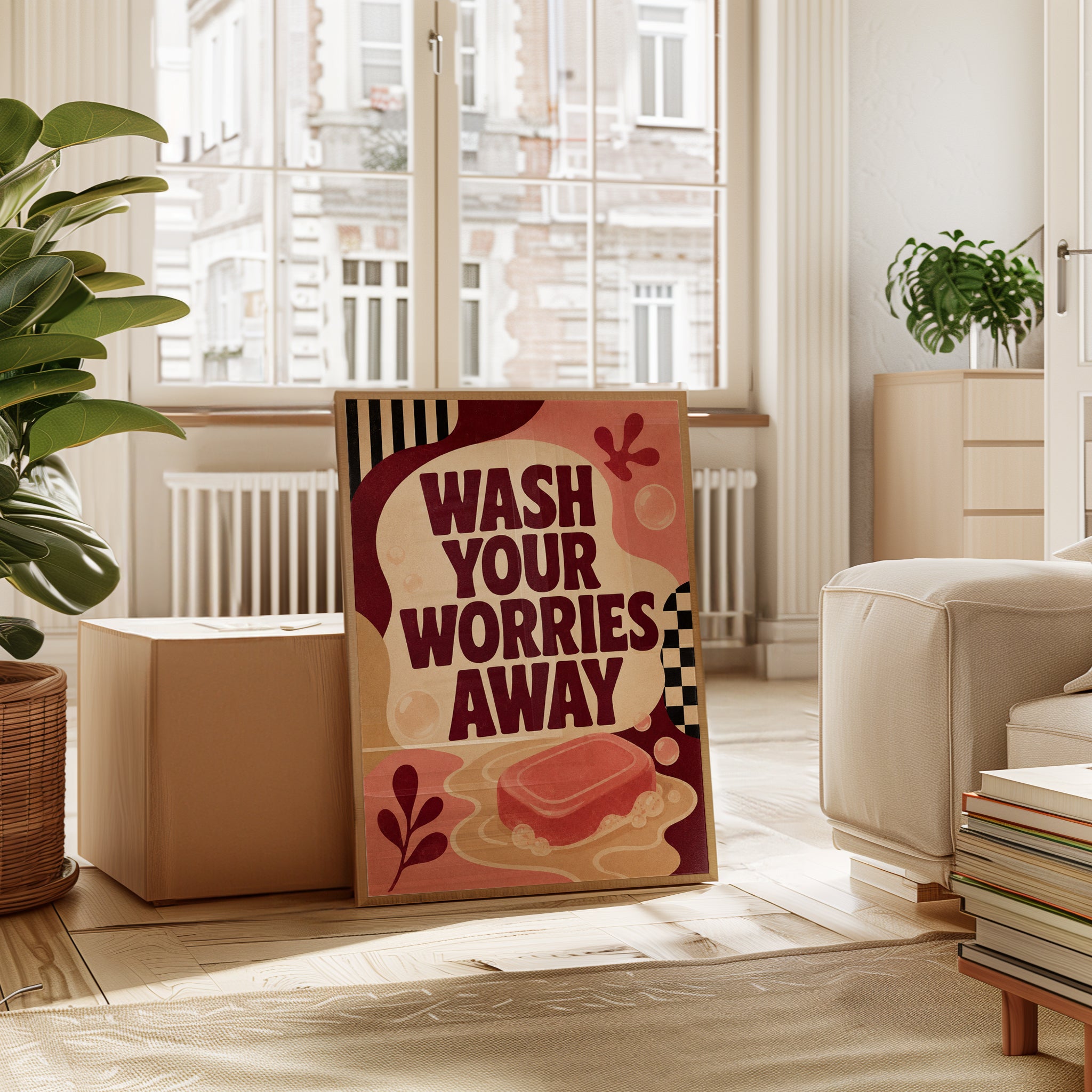 Wash Your Worries Away Art Print: Retro Bathroom Typography - interior