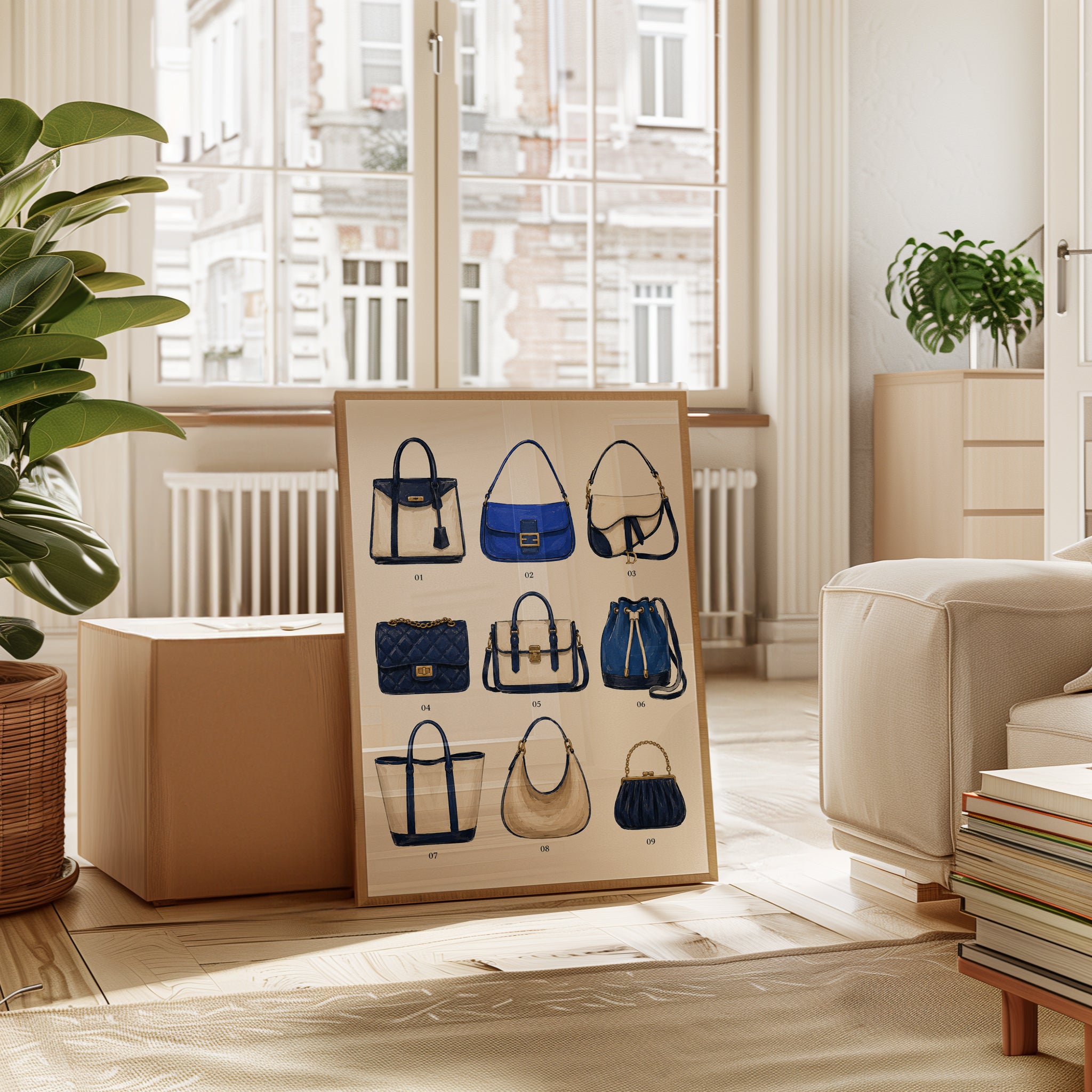 Designer Handbag Collection Print: Navy Blue Fashion Illustration - interior