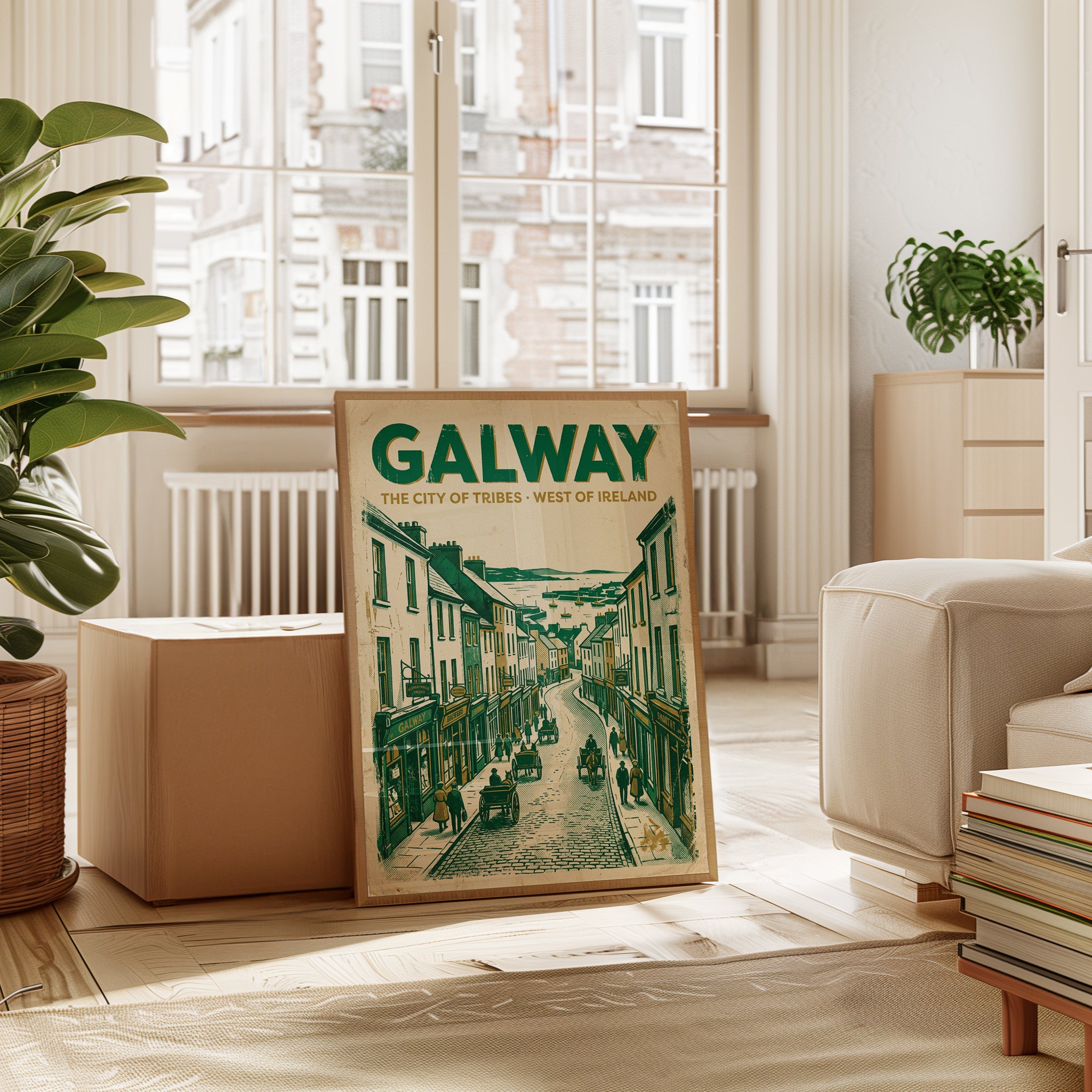 Galway Ireland Travel Poster: Vintage Green Street Scene Art Print - interior