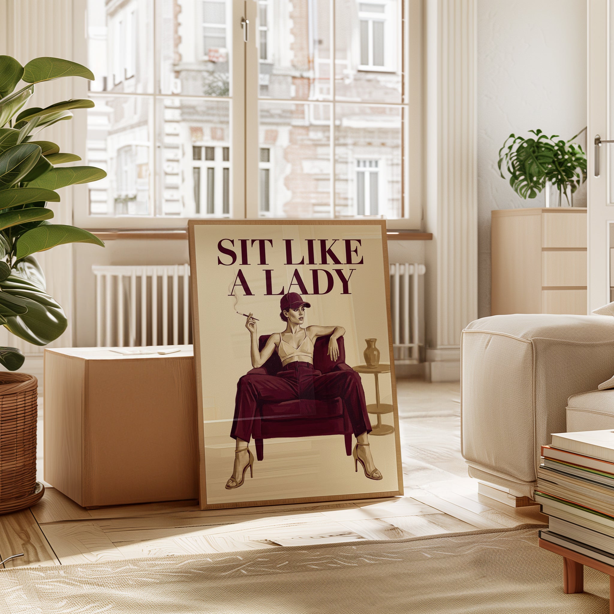 Sit Like a Lady Art Print: Vintage Fashion Poster in Burgundy - interior