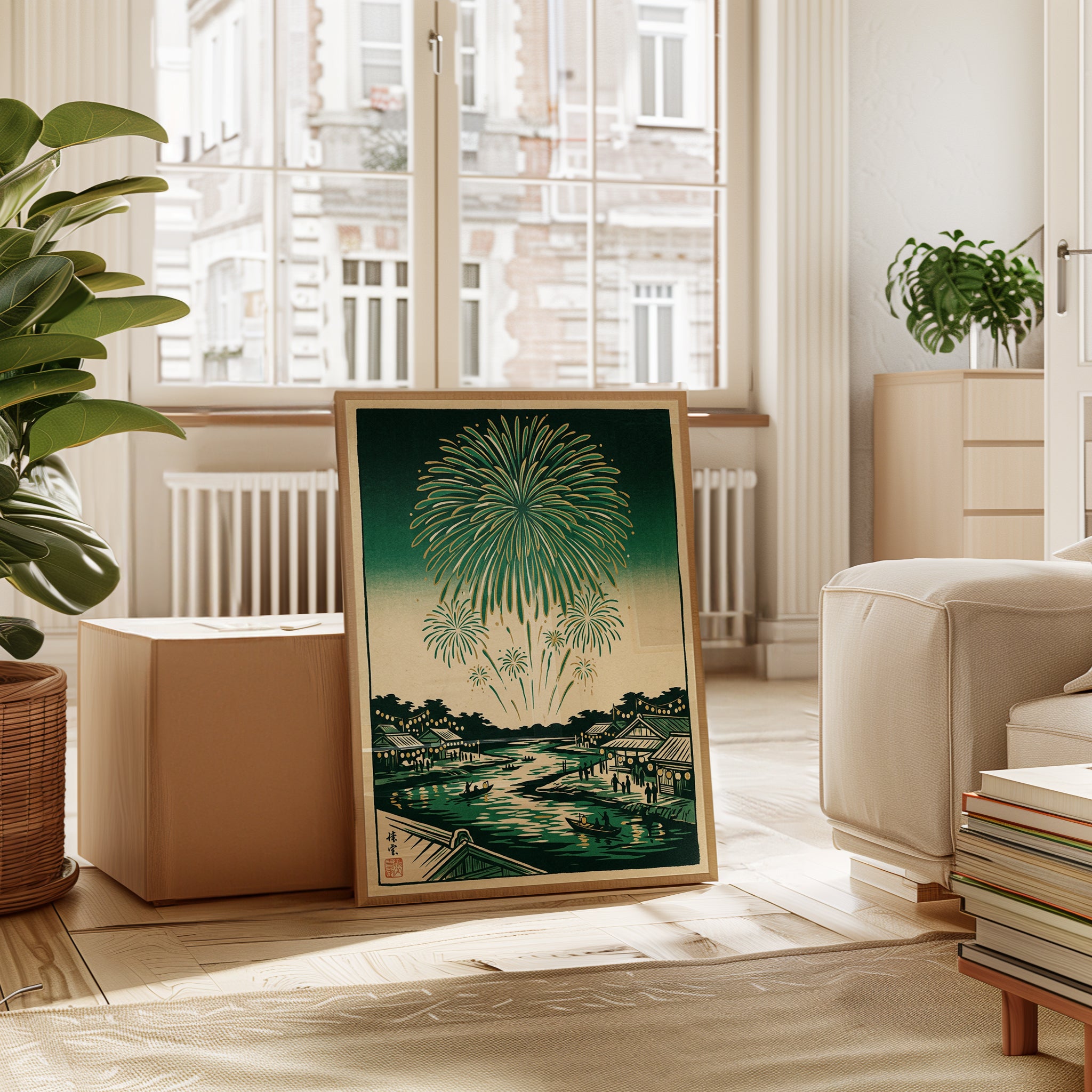 Japanese Fireworks Over River Town: Vintage Woodblock Print - interior