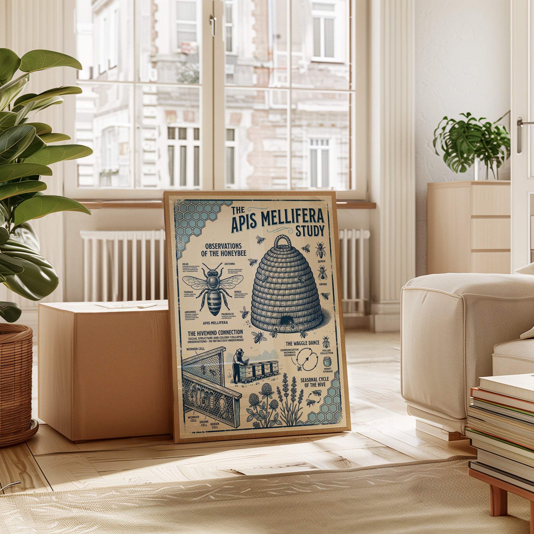 Vintage Honeybee Study Poster: Scientific Beekeeping Diagram Art - interior