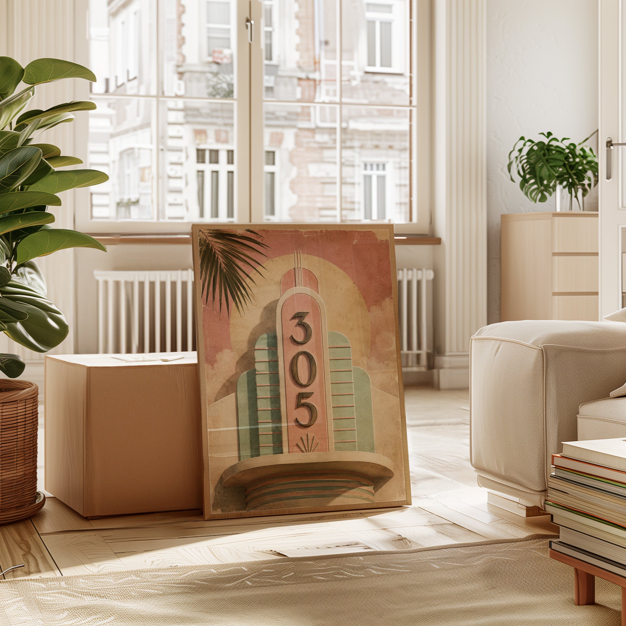 Art Deco Building Facade Print: Vintage Pink and Mint Architecture - interior