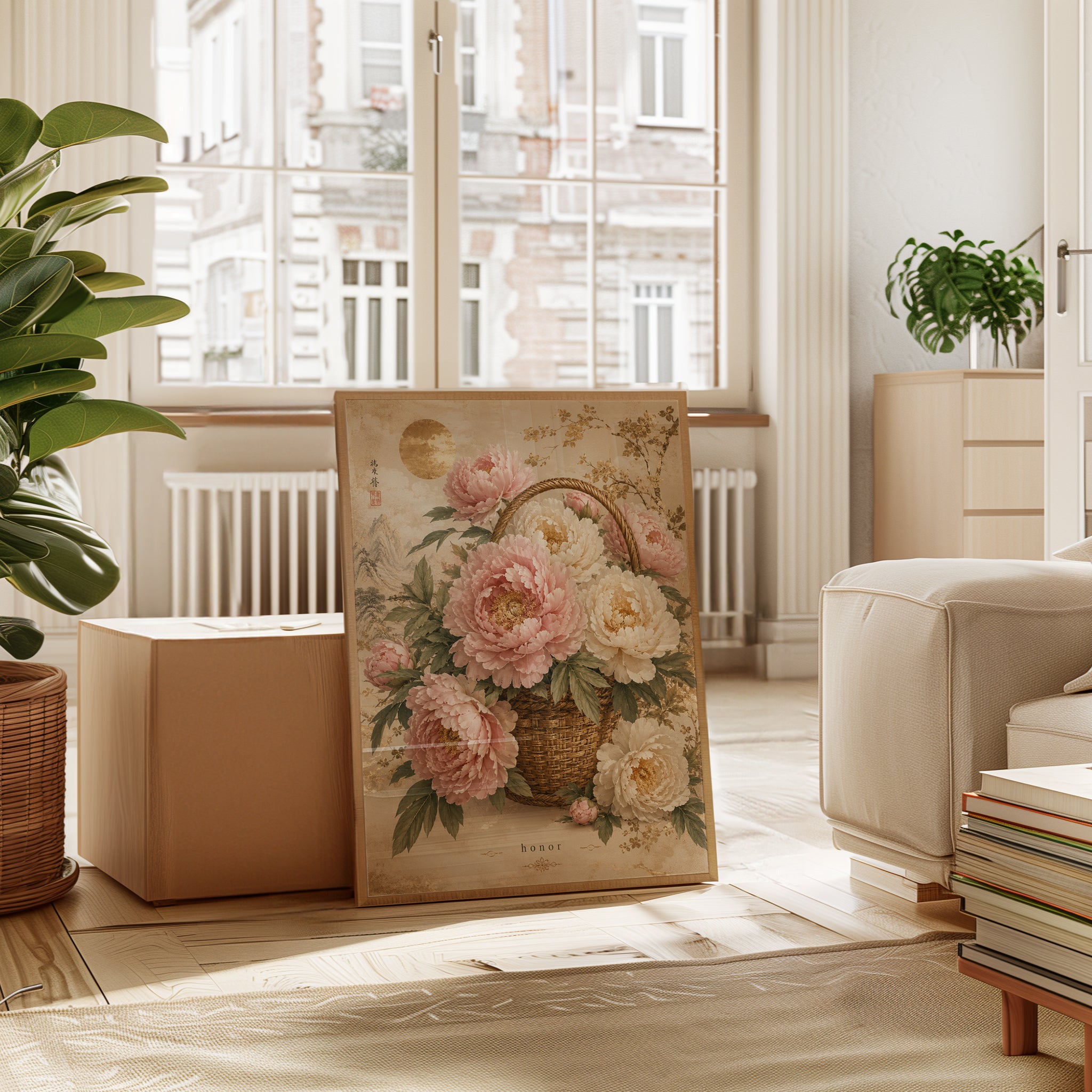 Peony Basket Wall Art – Asian Floral Print - interior