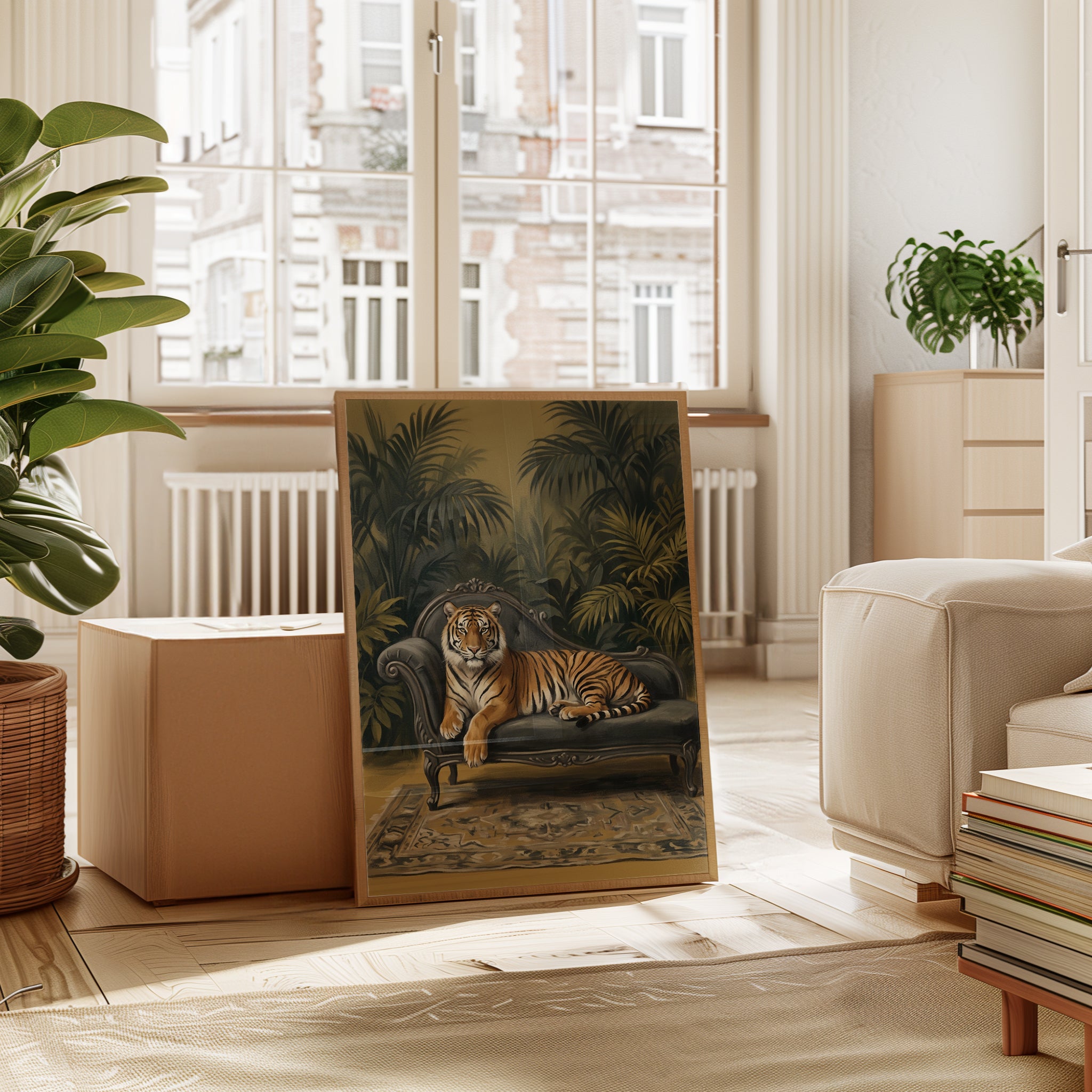 Tiger on Chaise Lounge Art Print: Tropical Palm Jungle Decor - interior
