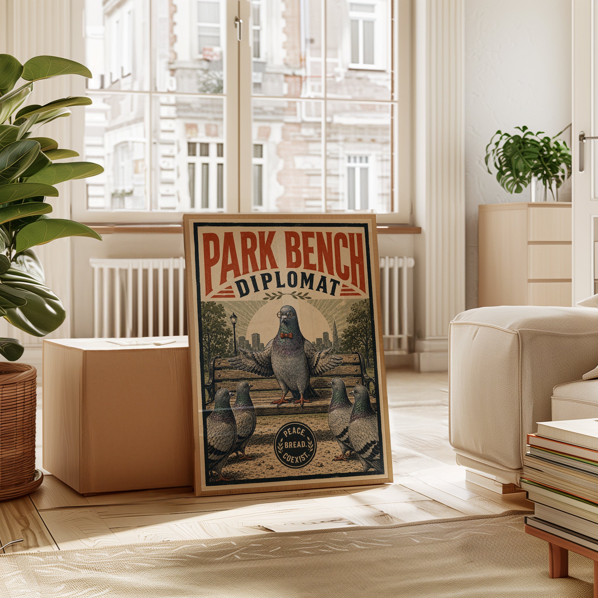 Park Bench Diplomat Poster: Vintage Pigeon Art (Mid-Century Style) - interior