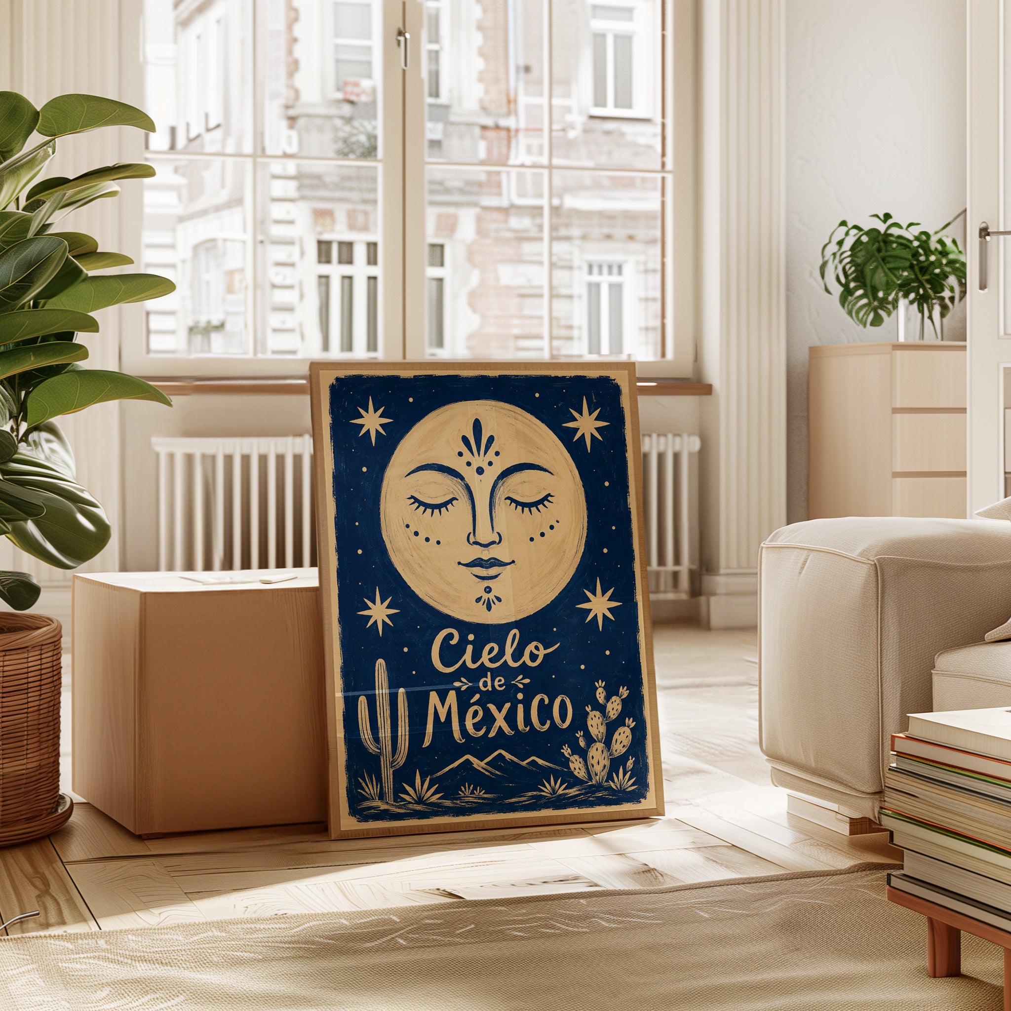 Mexican Moon Face Art Print: Folk Art Blue and Cream Design - interior