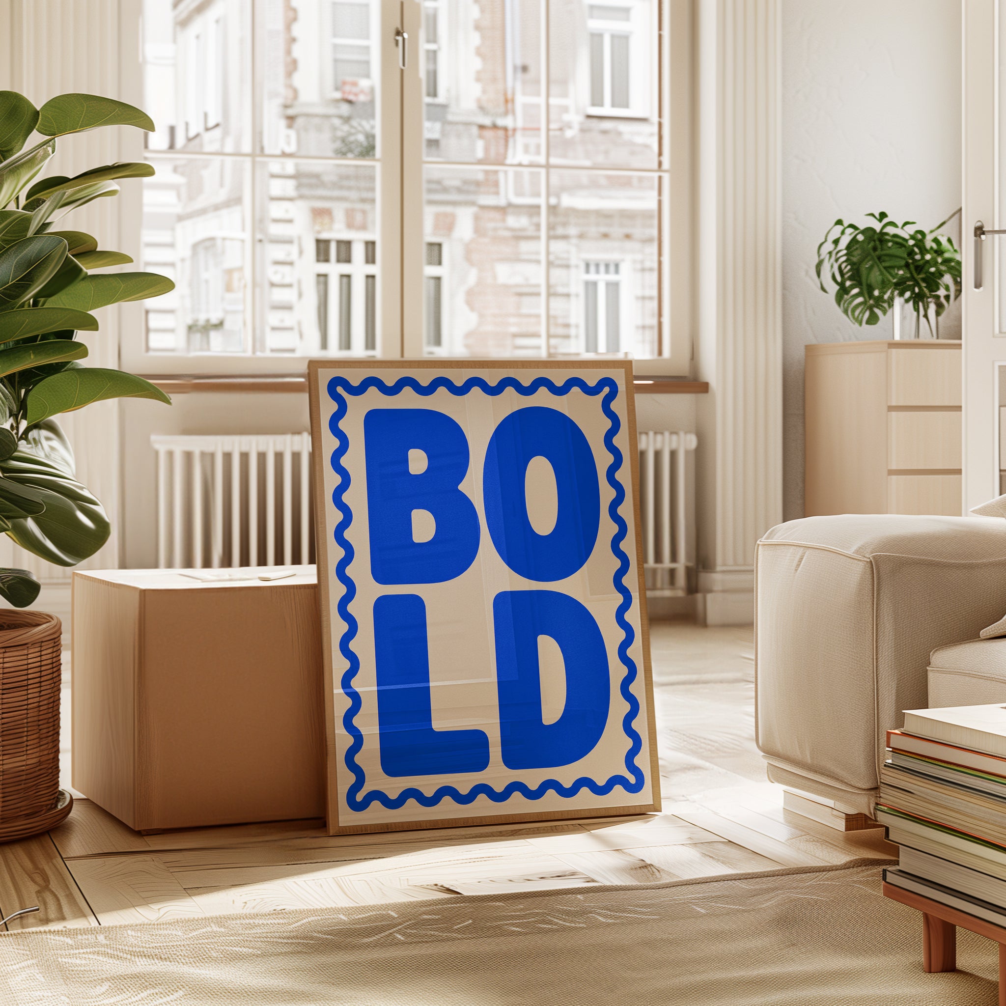 Bold Typography Art Print: Retro Blue Letters on Cream - interior