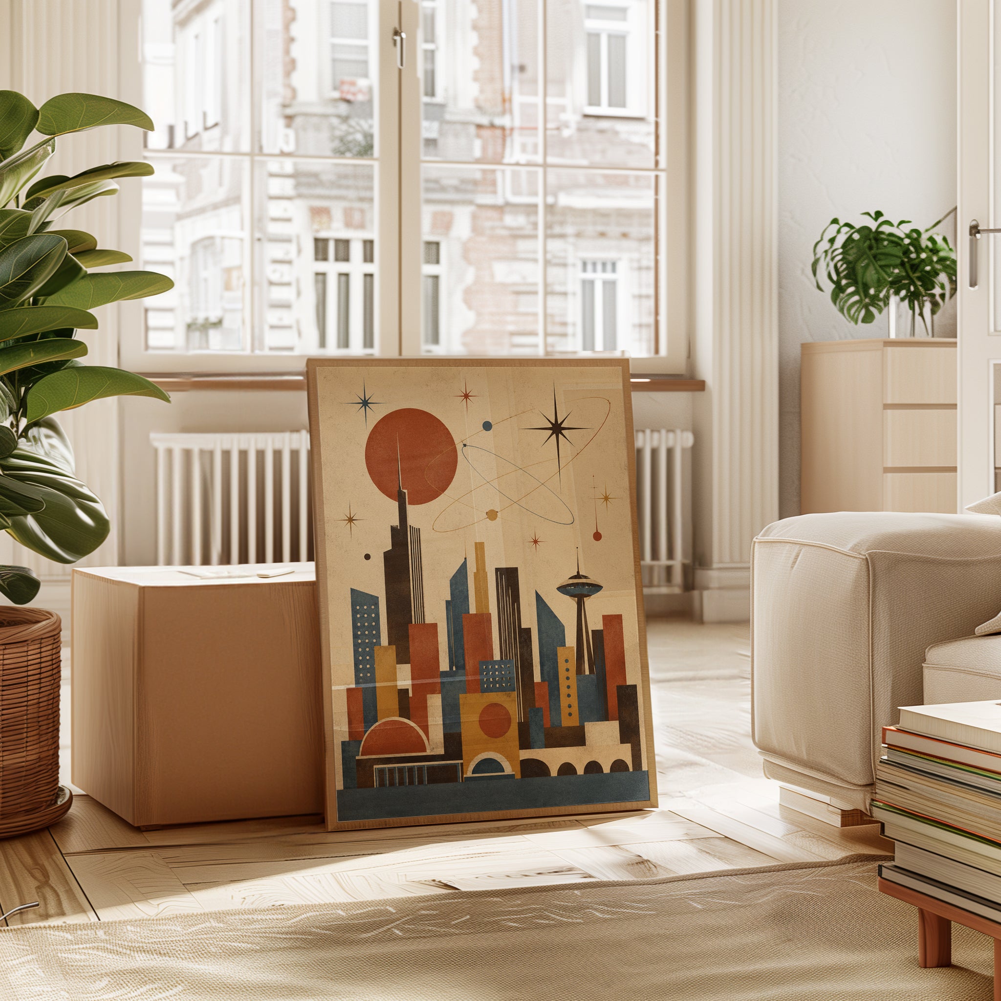 Retro Futuristic Cityscape Art Print: Mid-Century Modern Space Age - interior