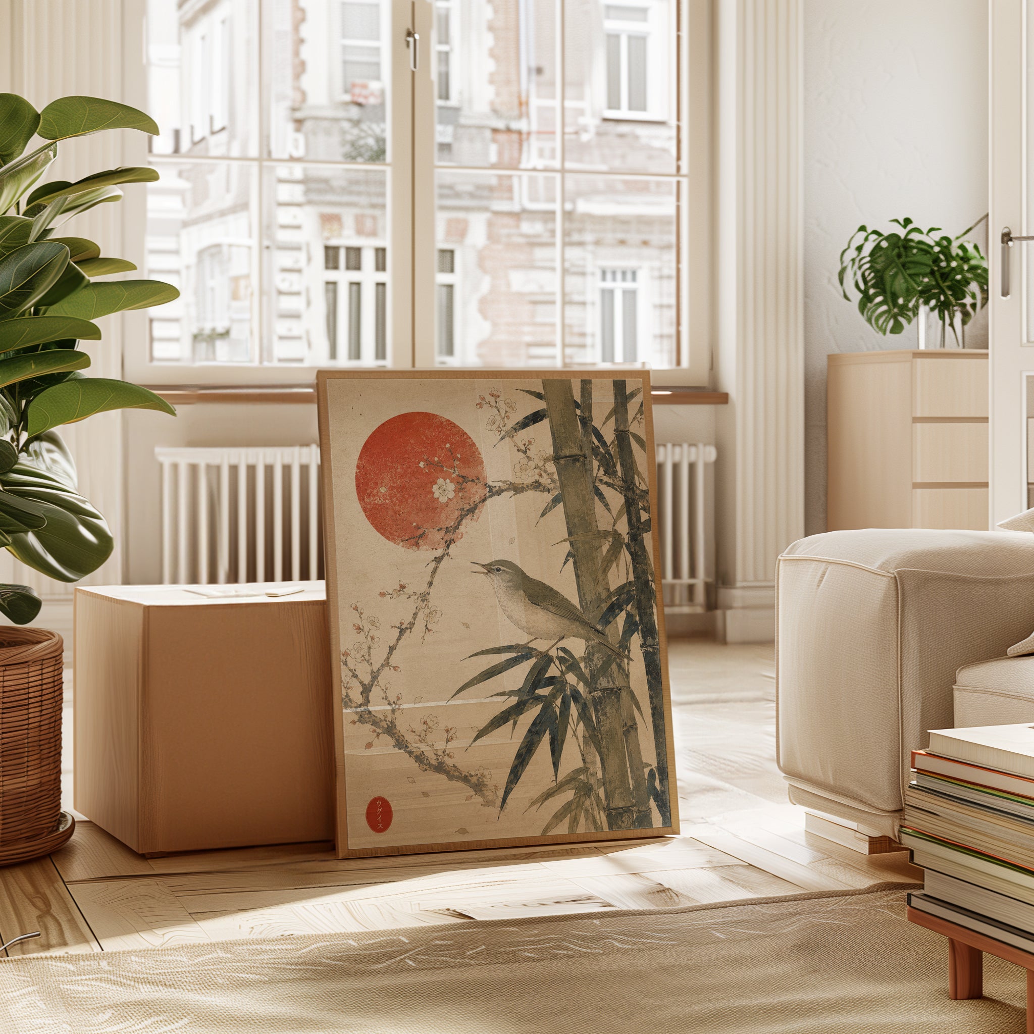 Japanese Bird and Bamboo Print: Vintage Oriental Art with Red Sun - interior