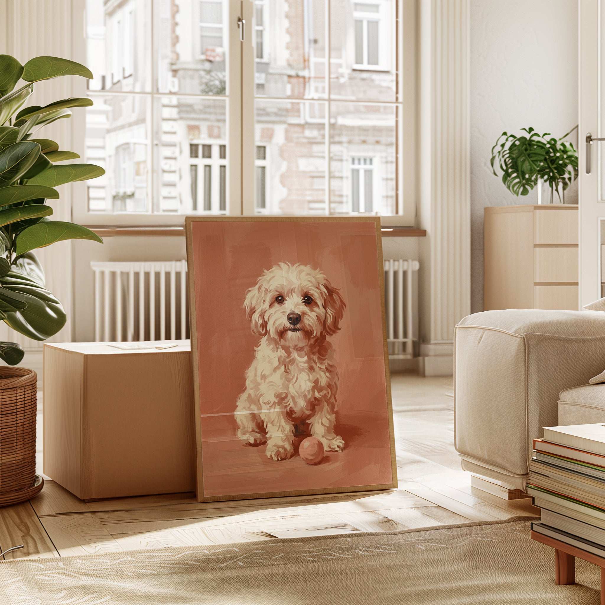 Cockapoo Dog Portrait: Warm Coral Tones Wall Art - interior