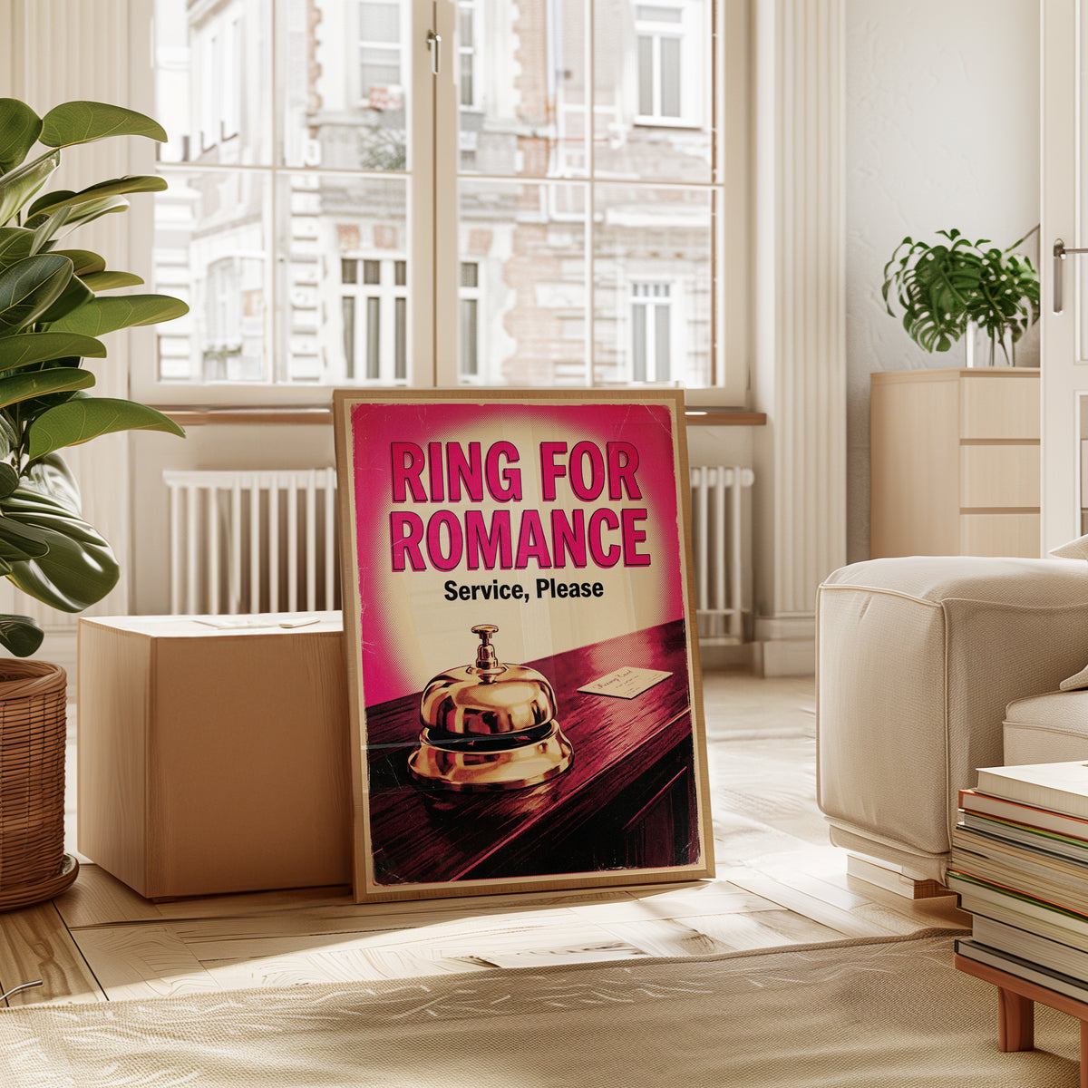 Ring for Romance Retro Poster: Vintage Pink Service Bell Art - interior