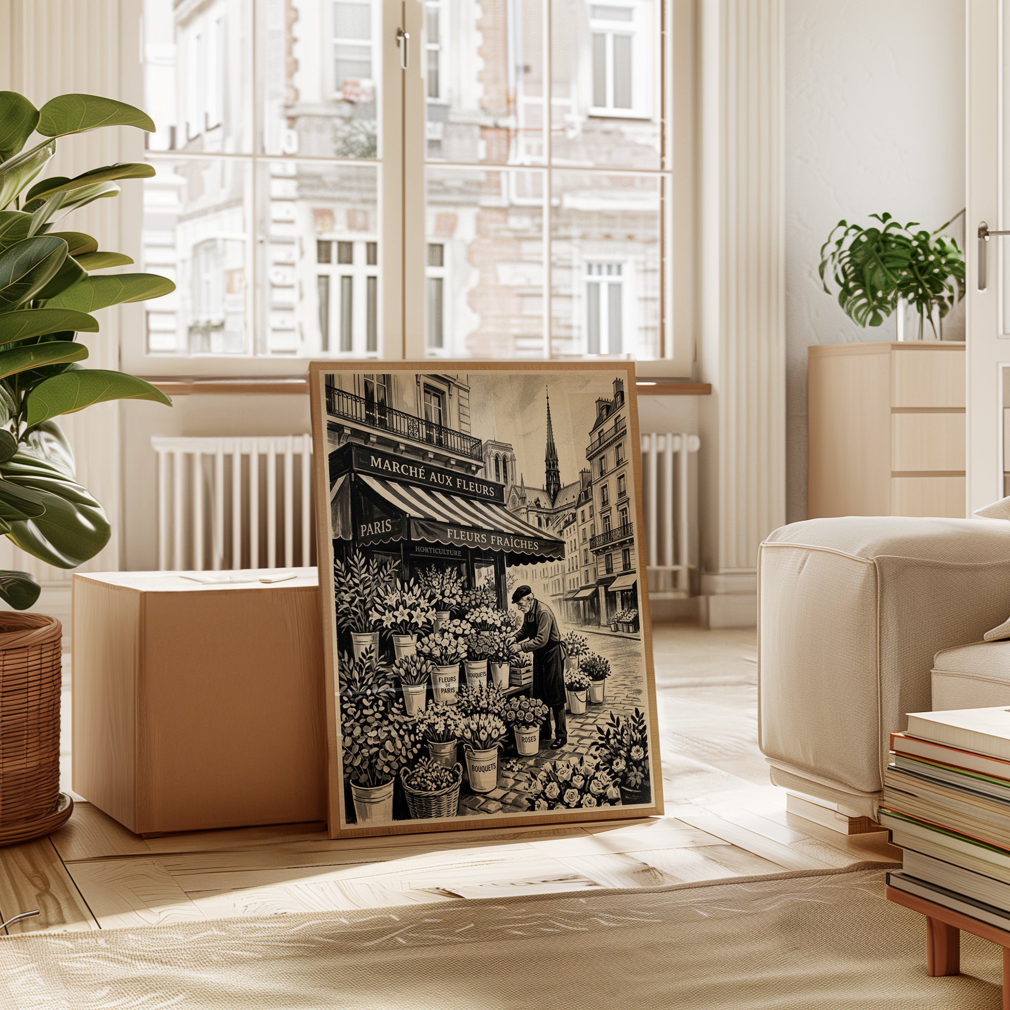 Paris Flower Market Art Print: Vintage Sepia Street Scene - interior