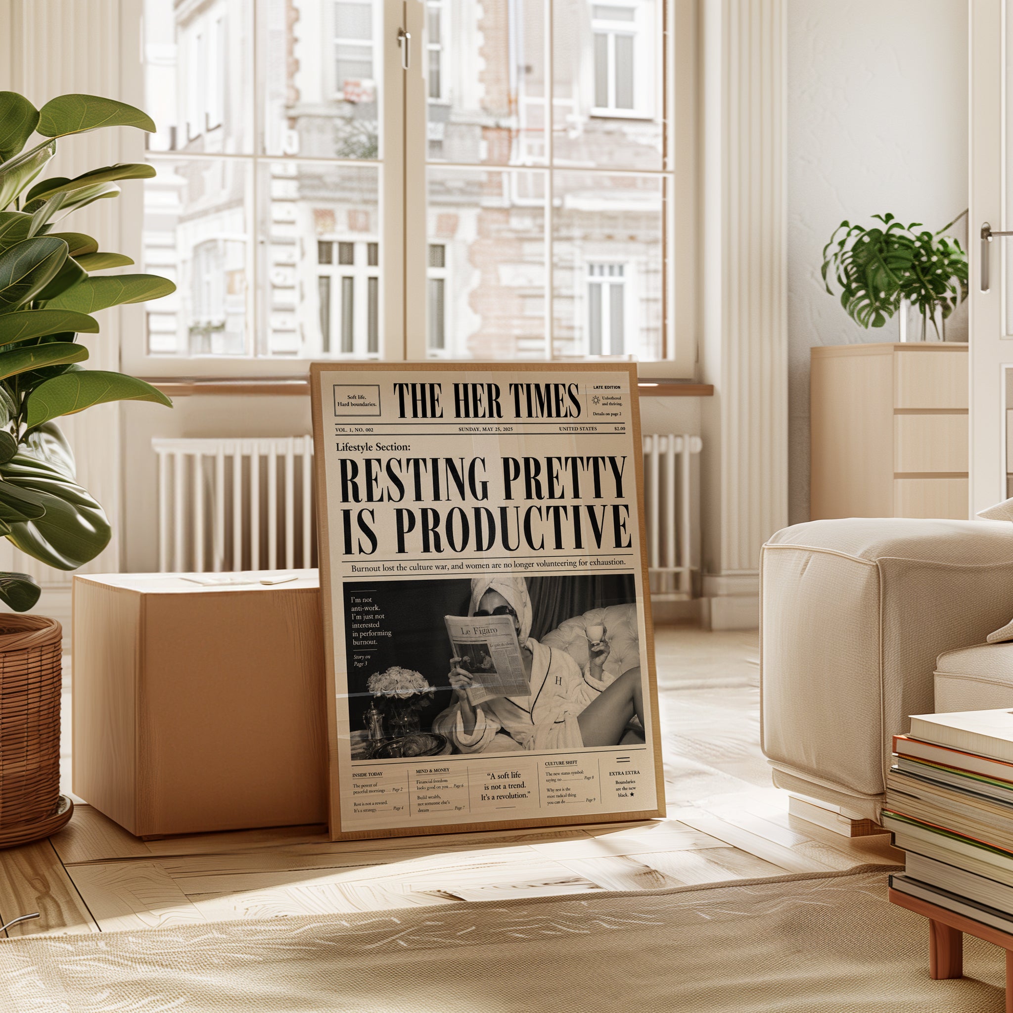 The Her Times Newspaper Print: Black and White Lifestyle Art - interior