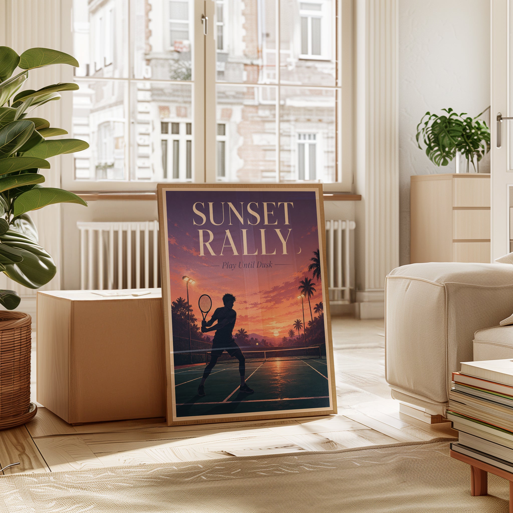 Sunset Tennis Court Poster: Retro Palm Tree Silhouette Art - interior