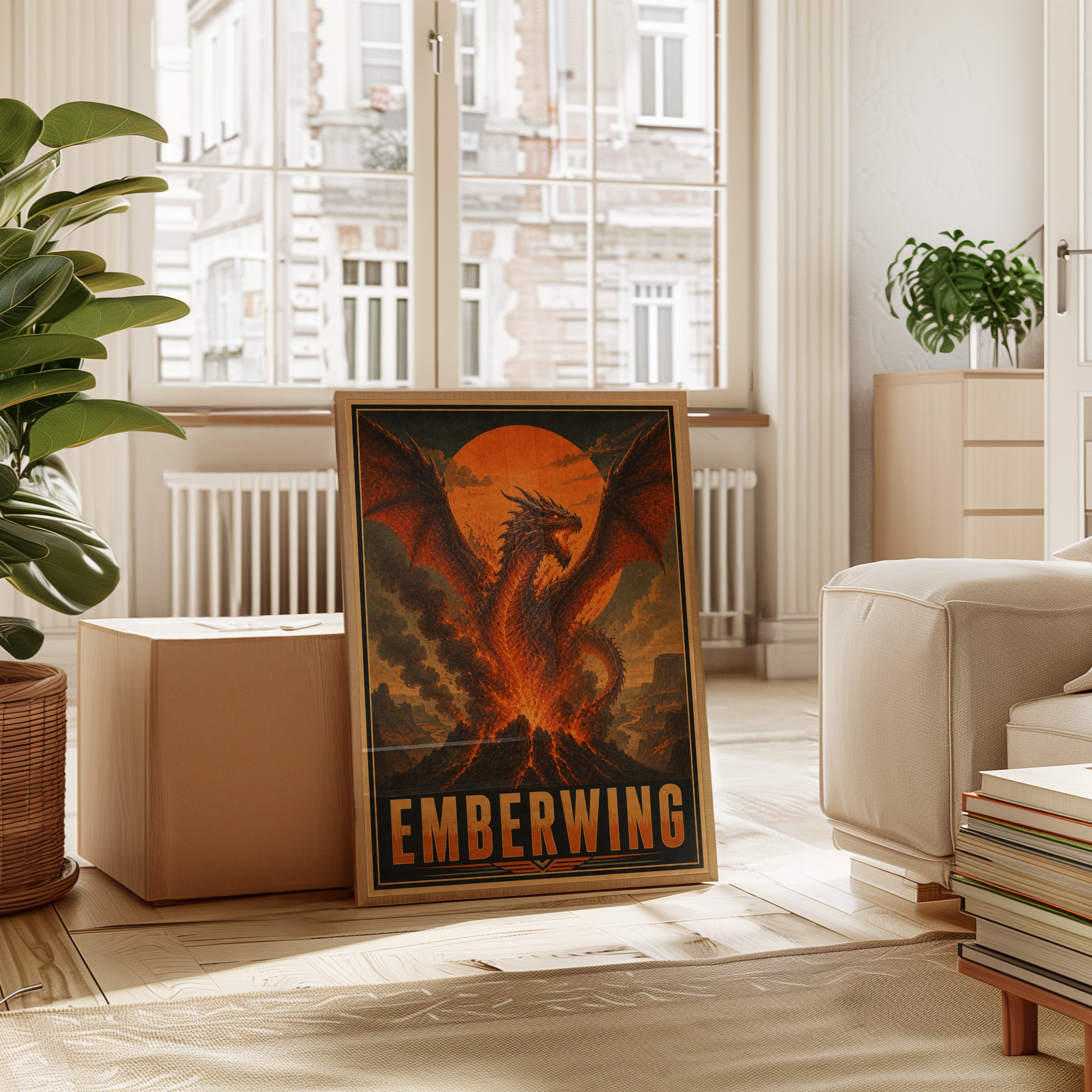 Ember Dragon Rising From Volcano: Vintage Fantasy Art Print - interior