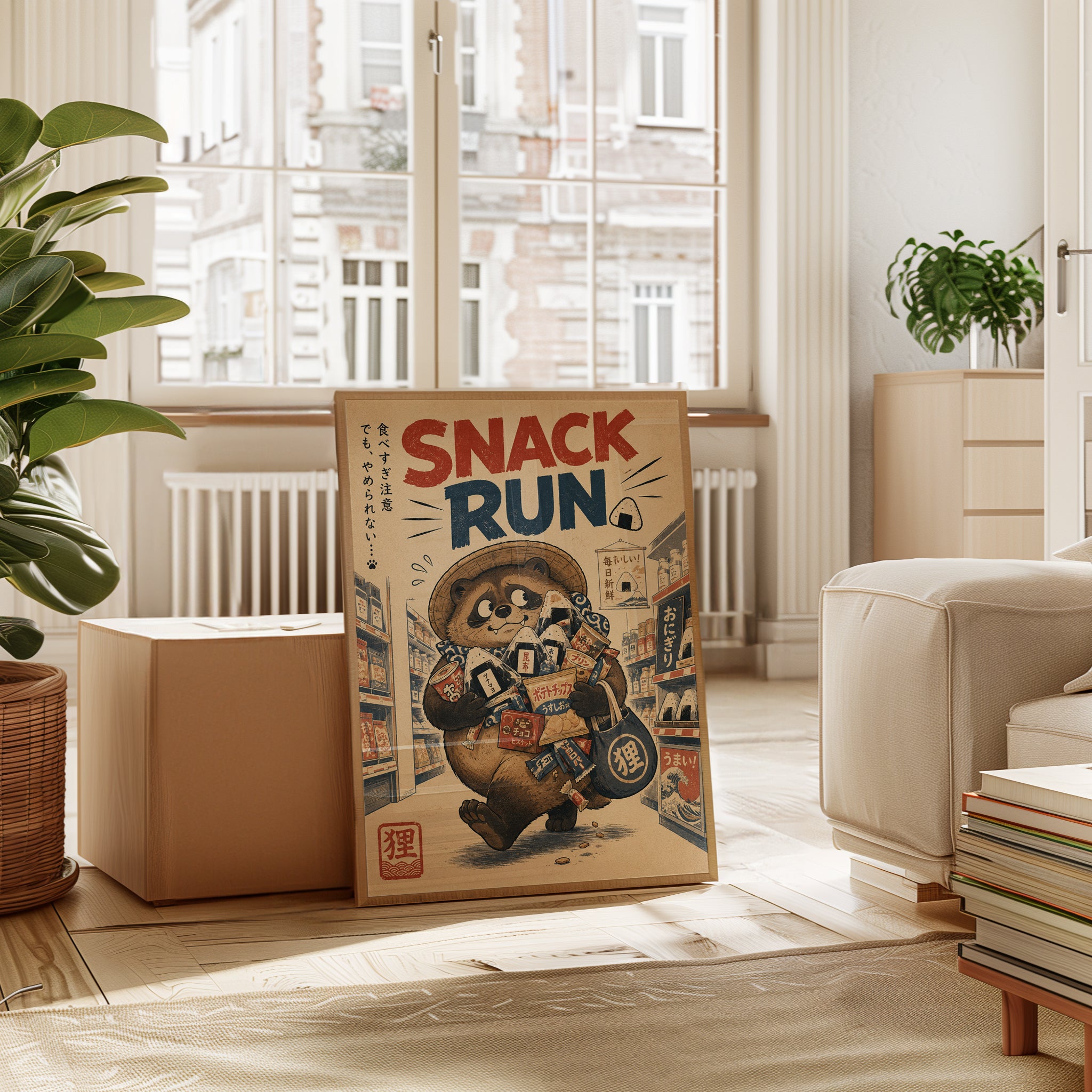 Japanese Raccoon Poster – Snack Run Retro Print - interior