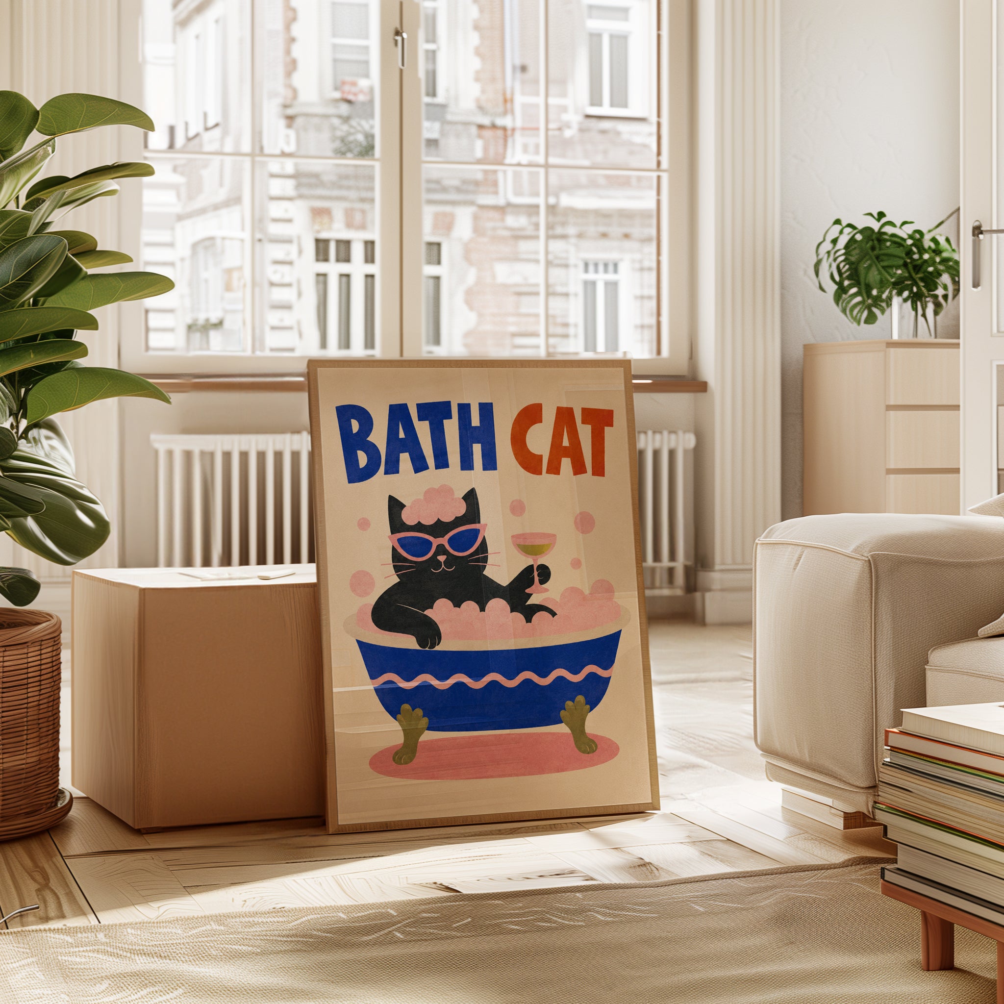 Funny Bath Cat Print - interior
