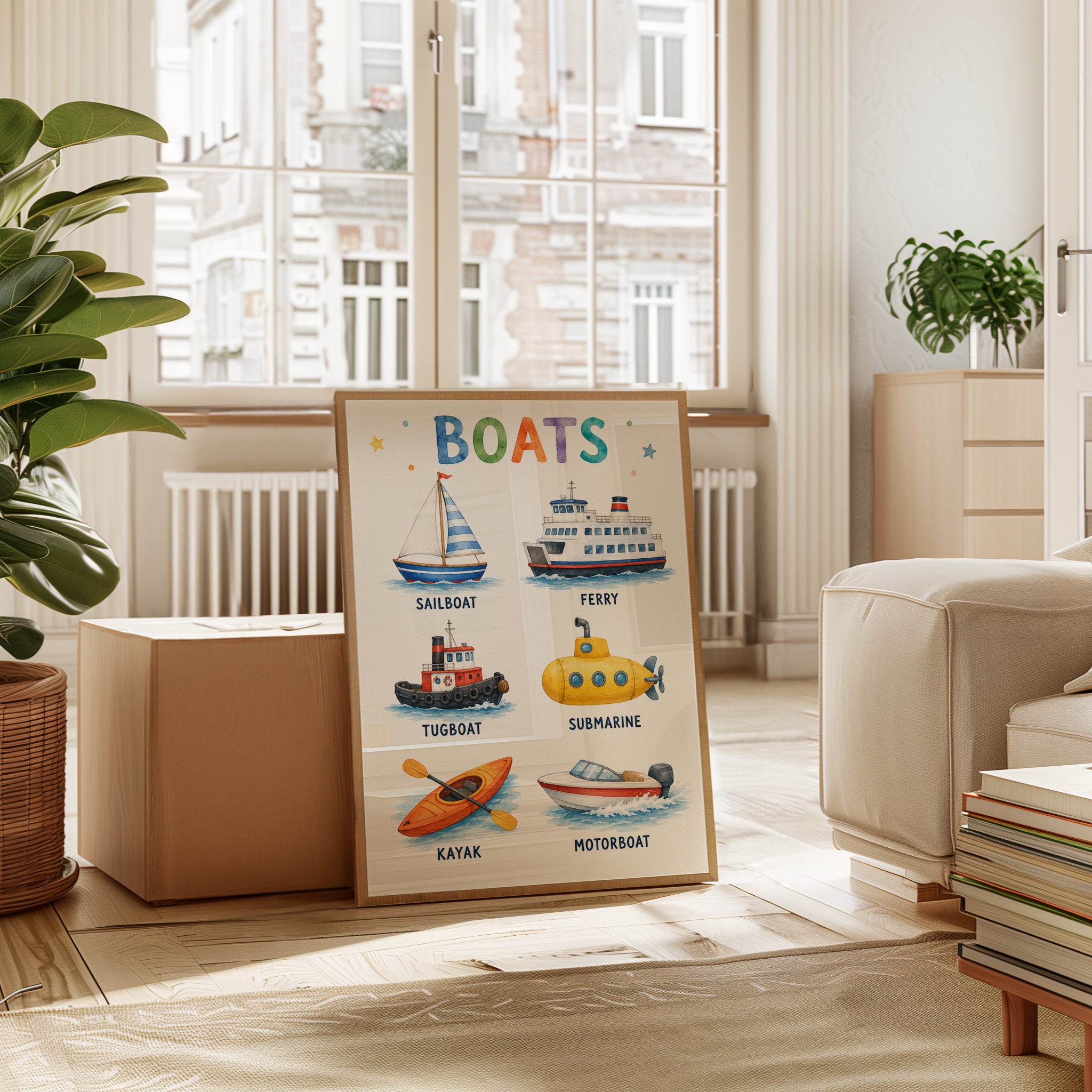 Watercolor Boats Print: Educational Kids Poster for Nursery - interior
