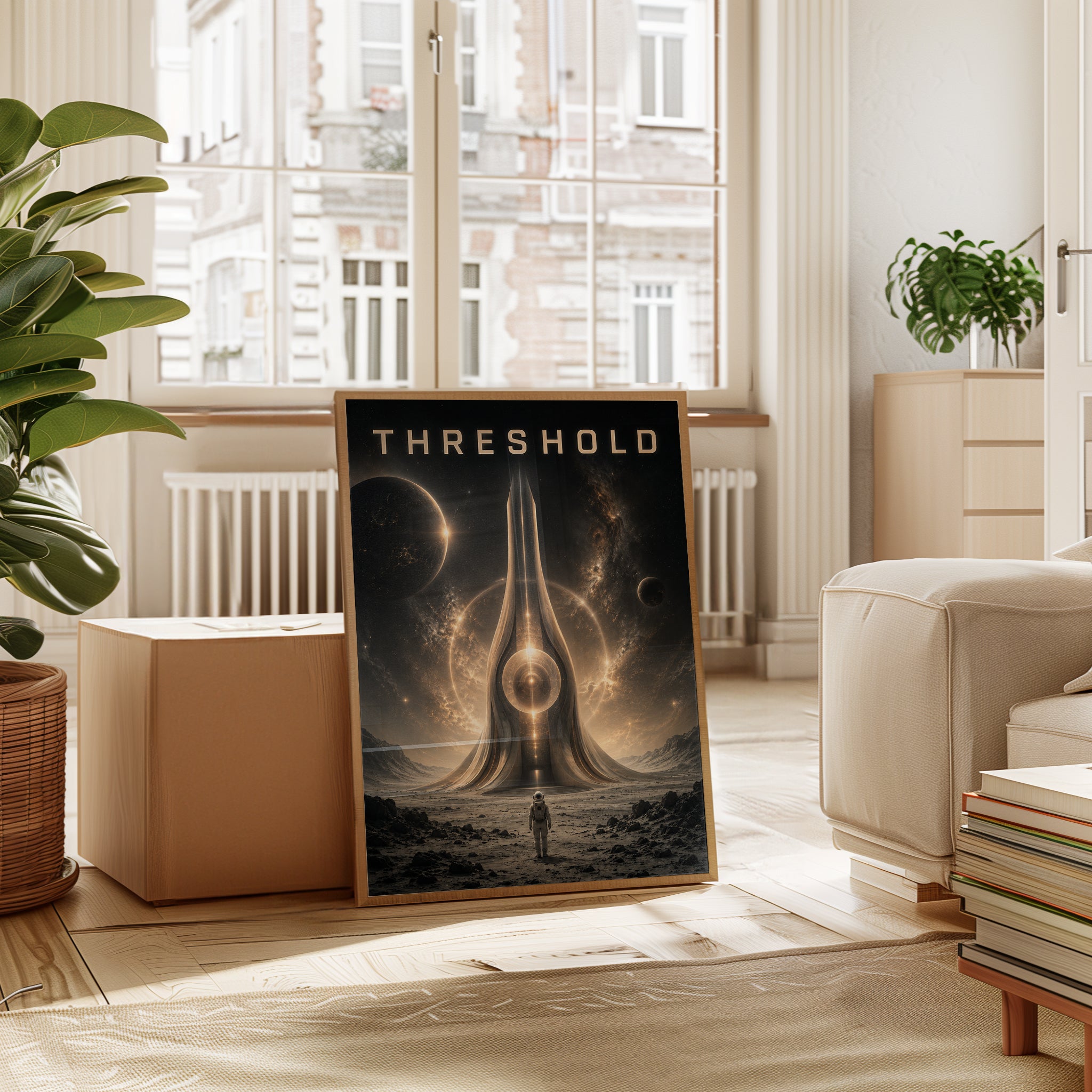 Cosmic Gateway Art Print: Futuristic Space Explorer Golden Portal - interior