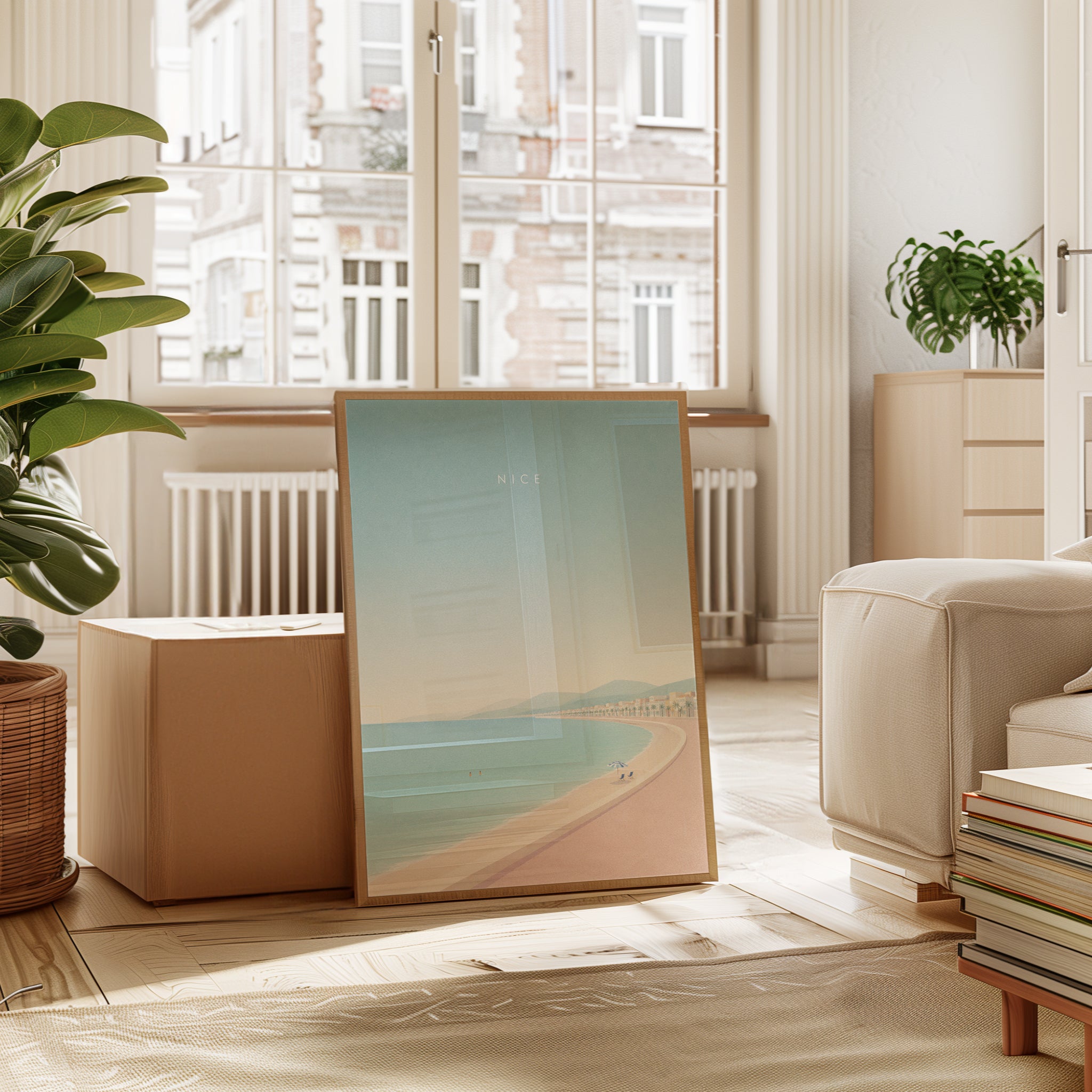 Nice Beach Promenade Print: Pastel Coastal Mediterranean Art - interior