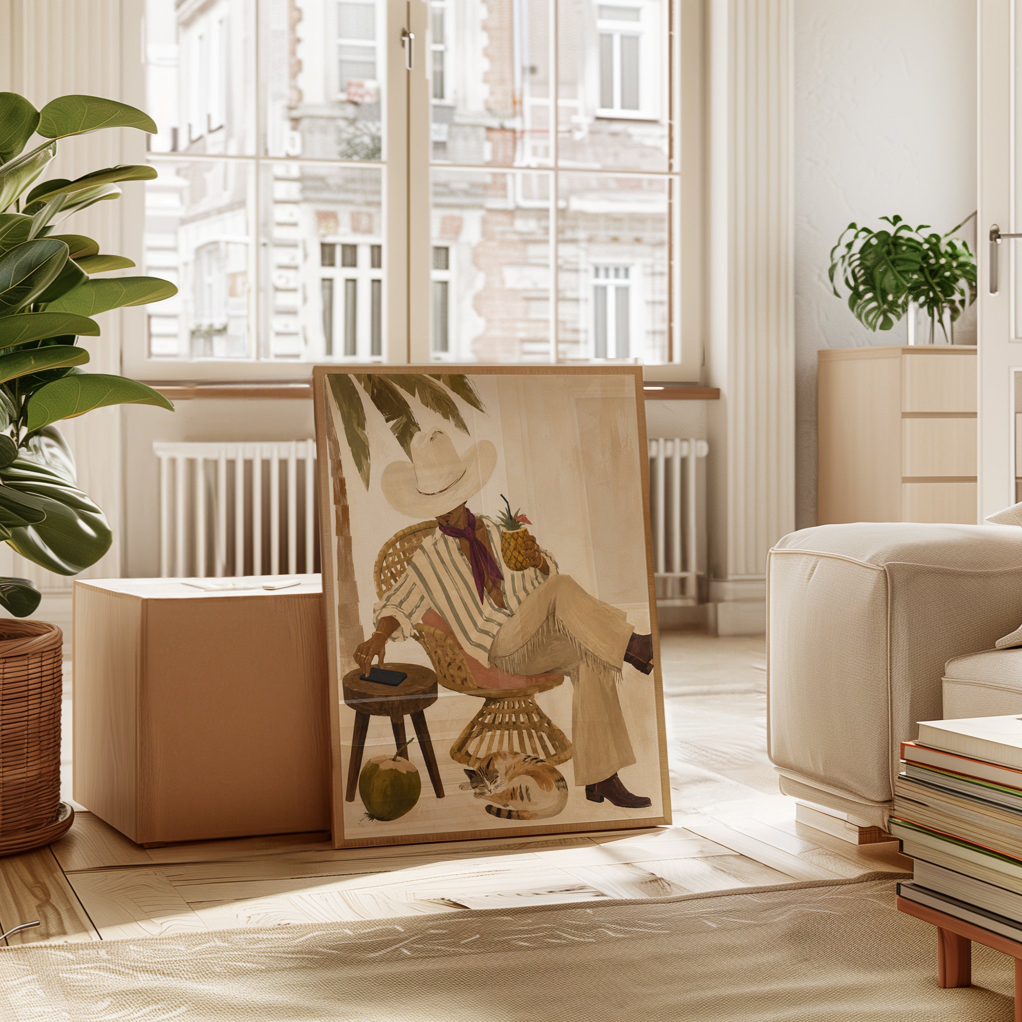 Tropical Leisure Wall Art: Figure With Pineapple In Rattan Chair - interior