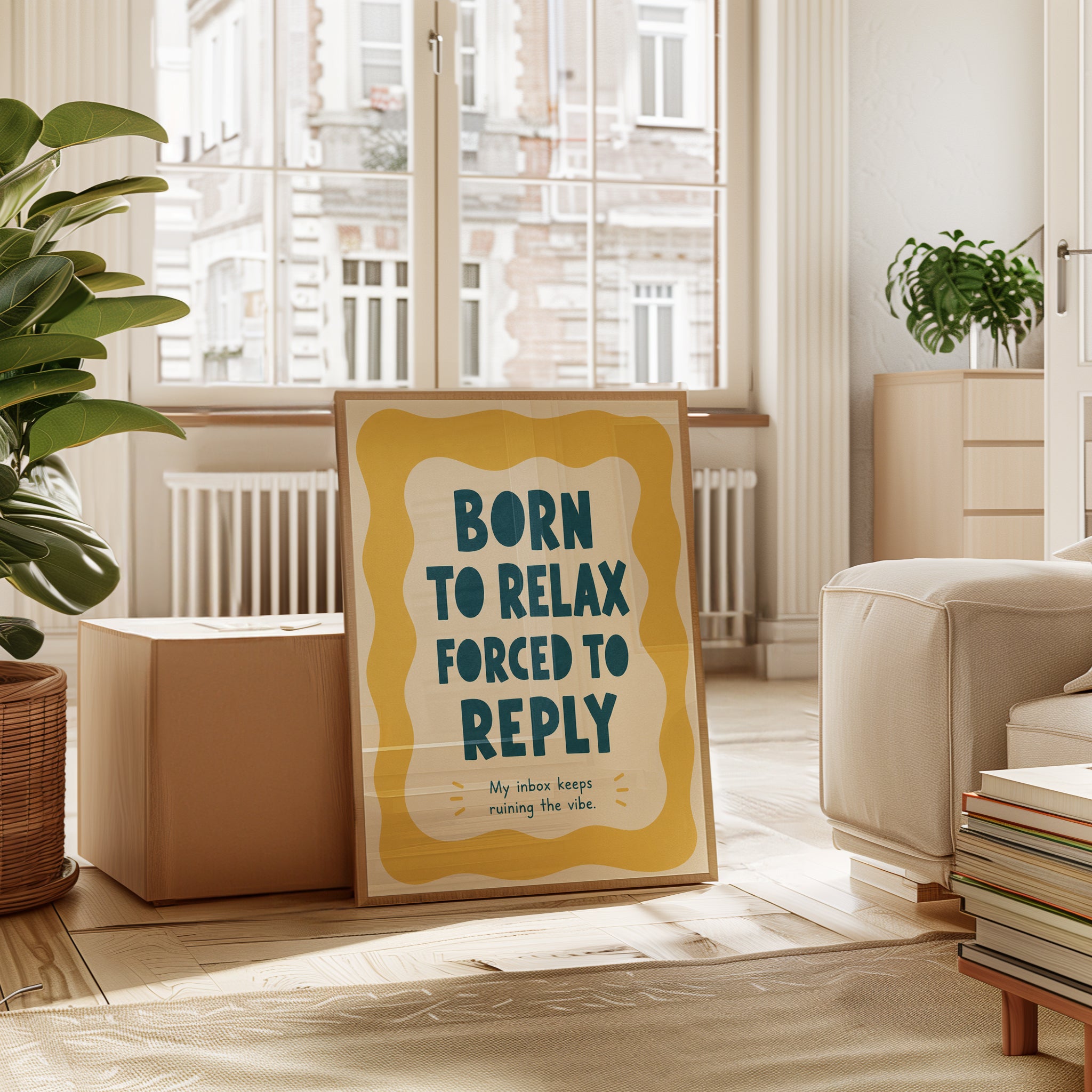Born to Relax Wall Art: Funny Office Quote (Teal Yellow Accent) - interior