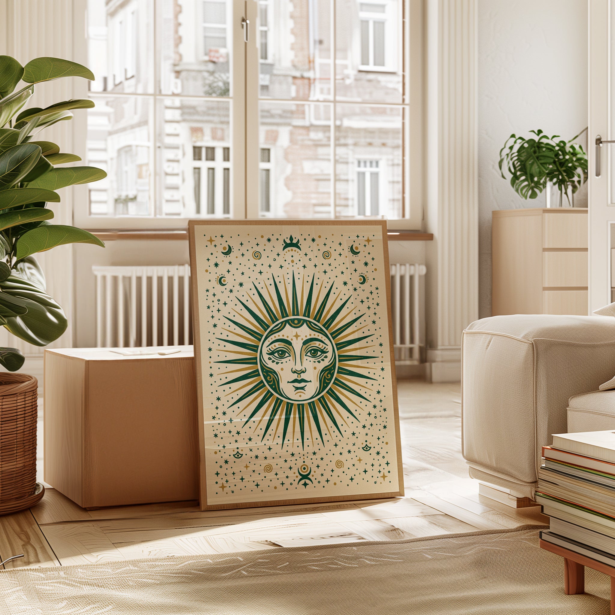 Celestial Sun Face Wall Art: Mystical Green and Gold Print - interior