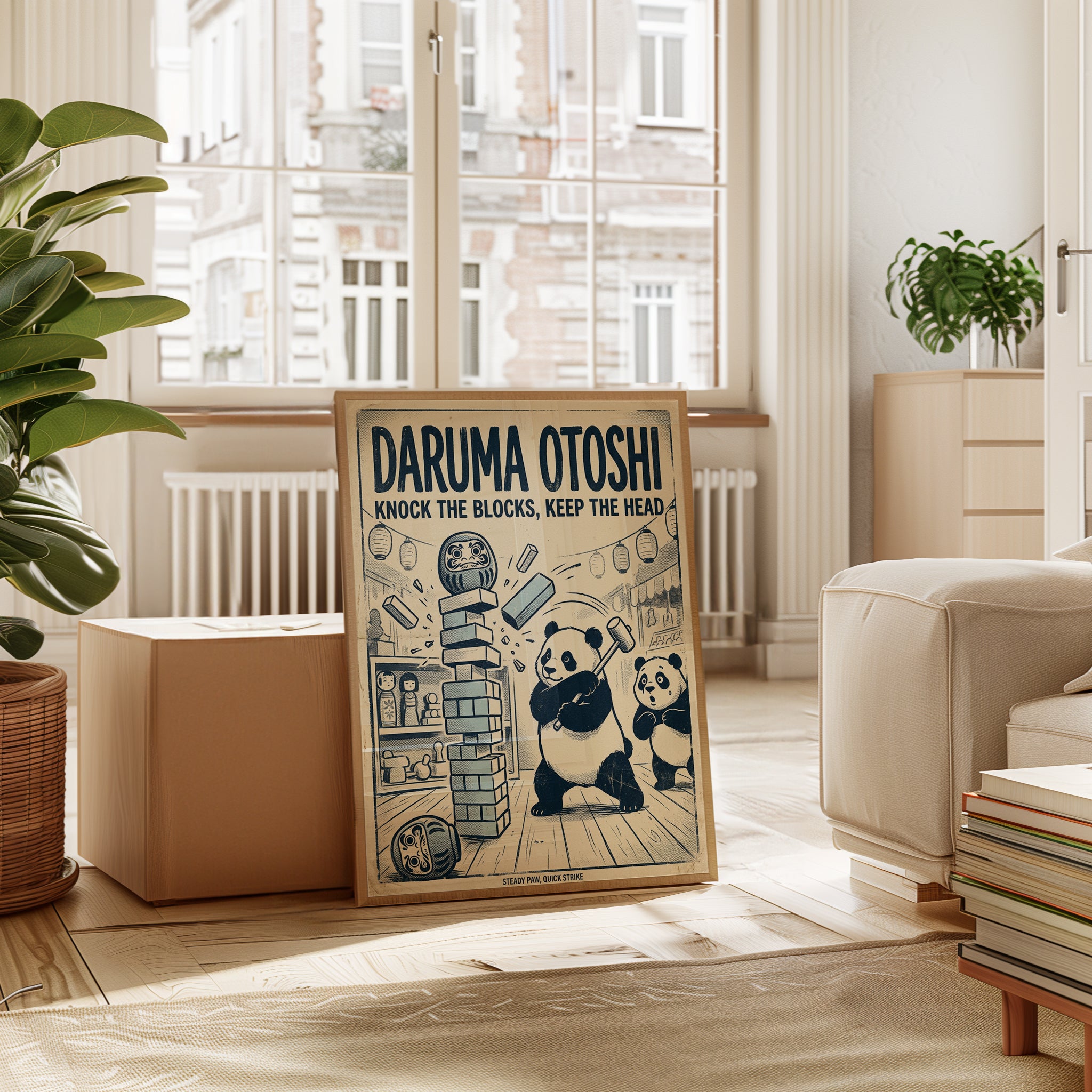 Daruma Otoshi Panda Poster: Vintage Japanese Game Art Print - interior