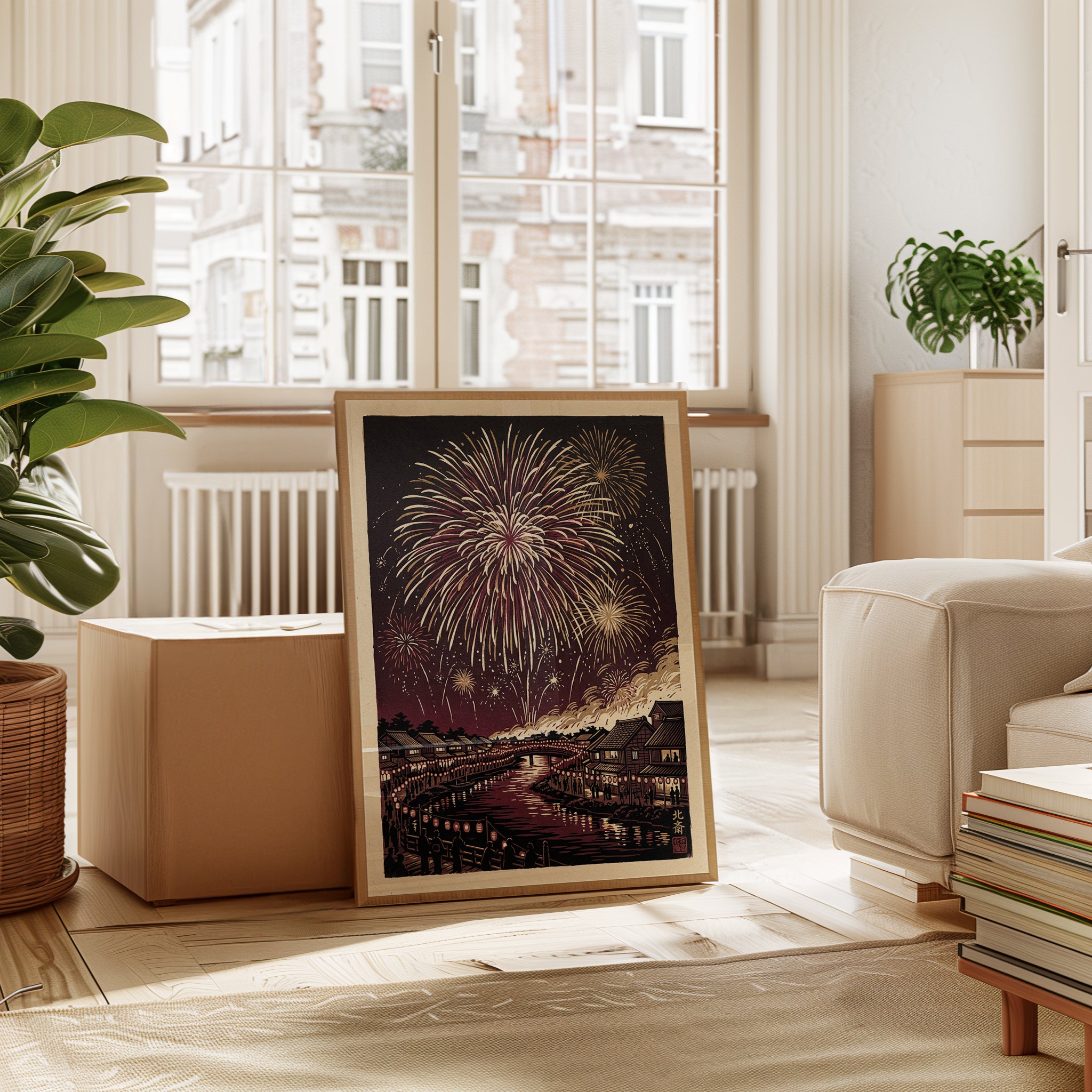 Japanese Fireworks Over River Print: Traditional Woodblock Style - interior