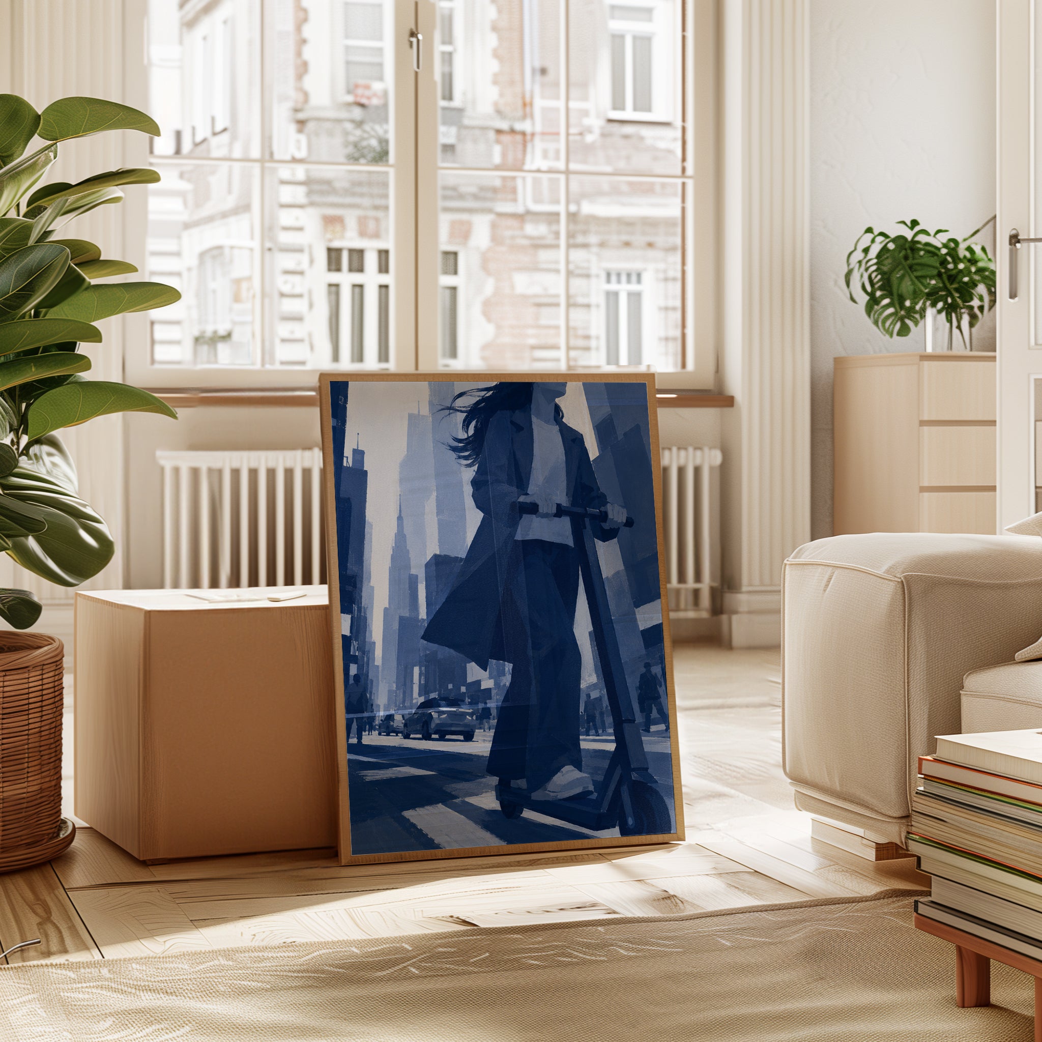 Urban Scooter Commute Art Print: Monochromatic Blue Cityscape - interior