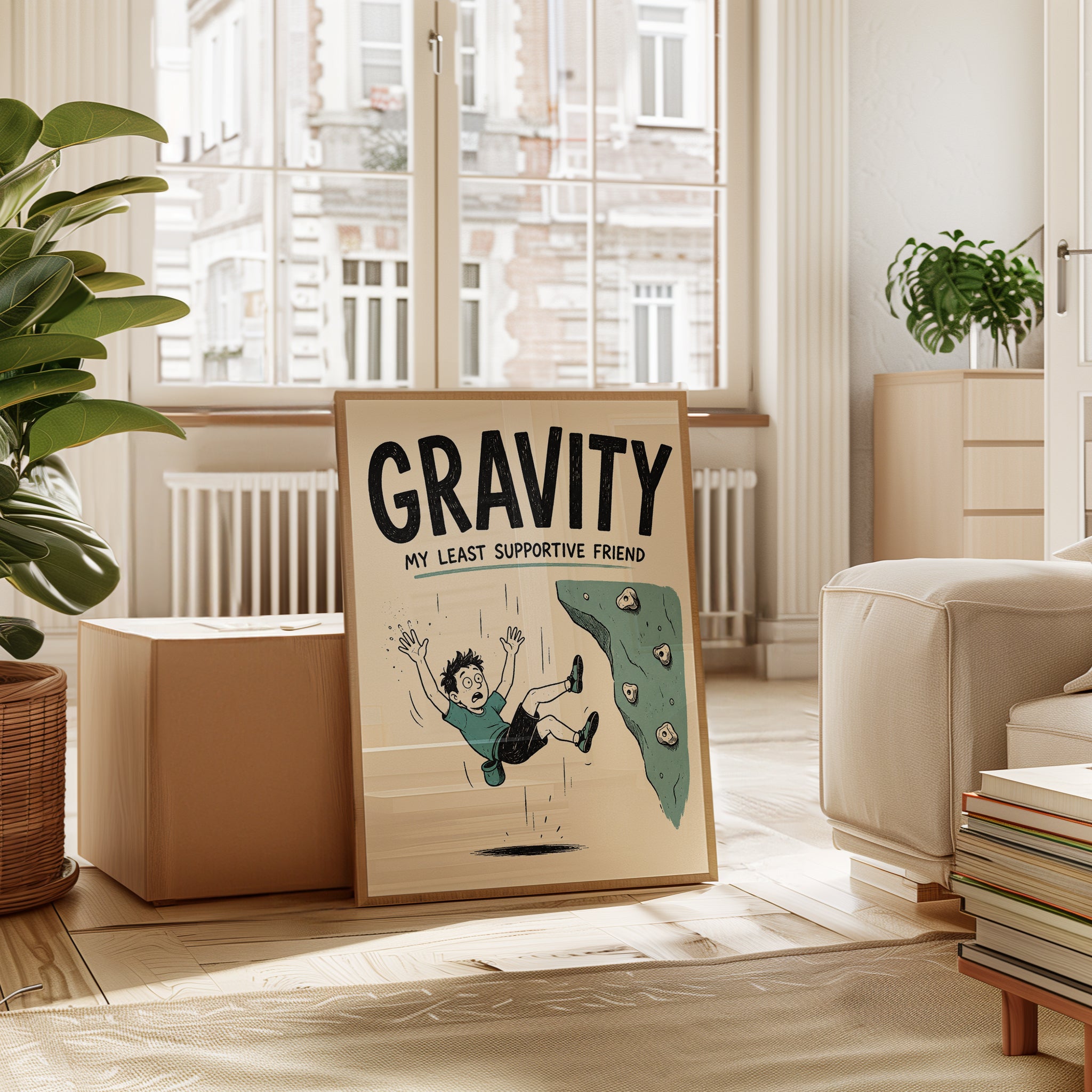 Gravity Humor Poster: Retro Rock Climbing Illustration - interior