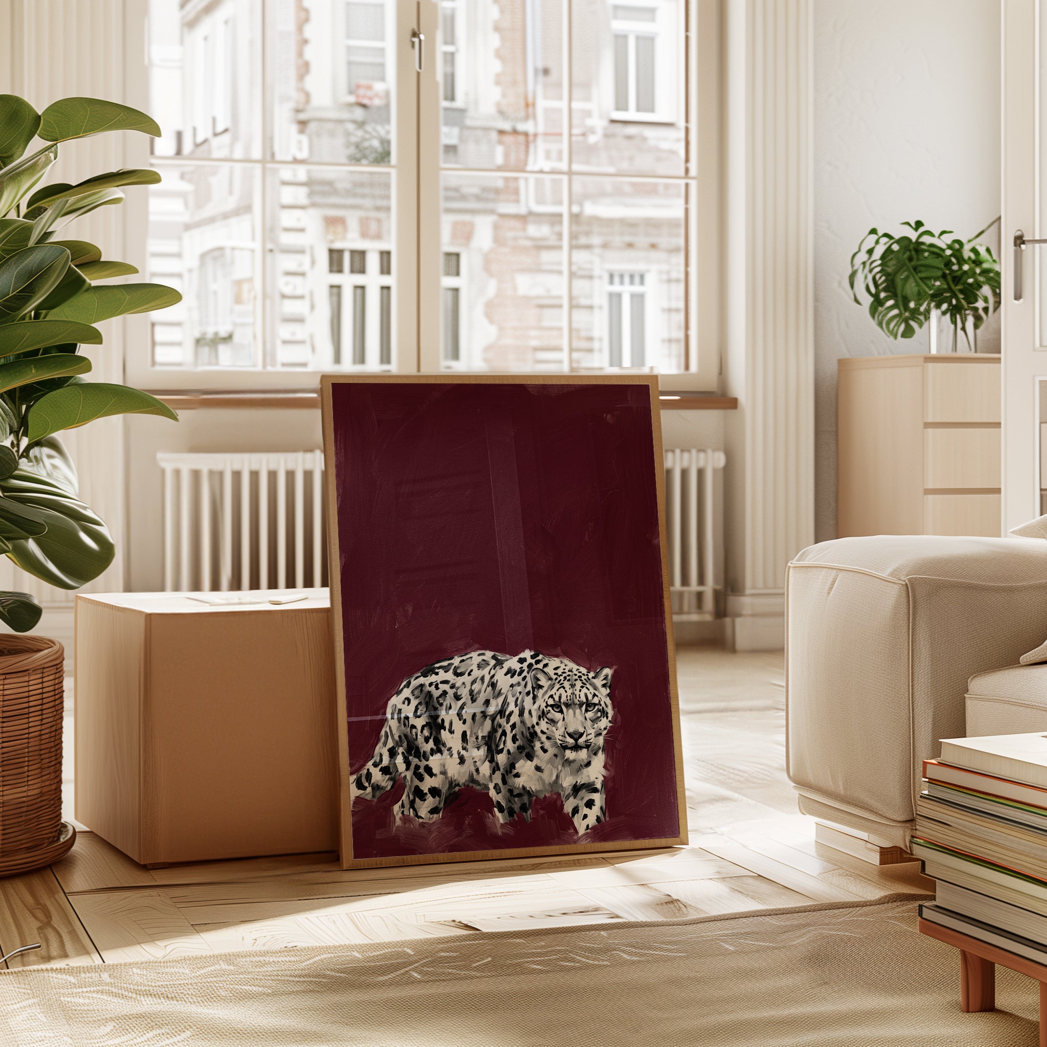 Snow Leopard Wall Art: Bold Burgundy Contemporary Wildlife Print - interior