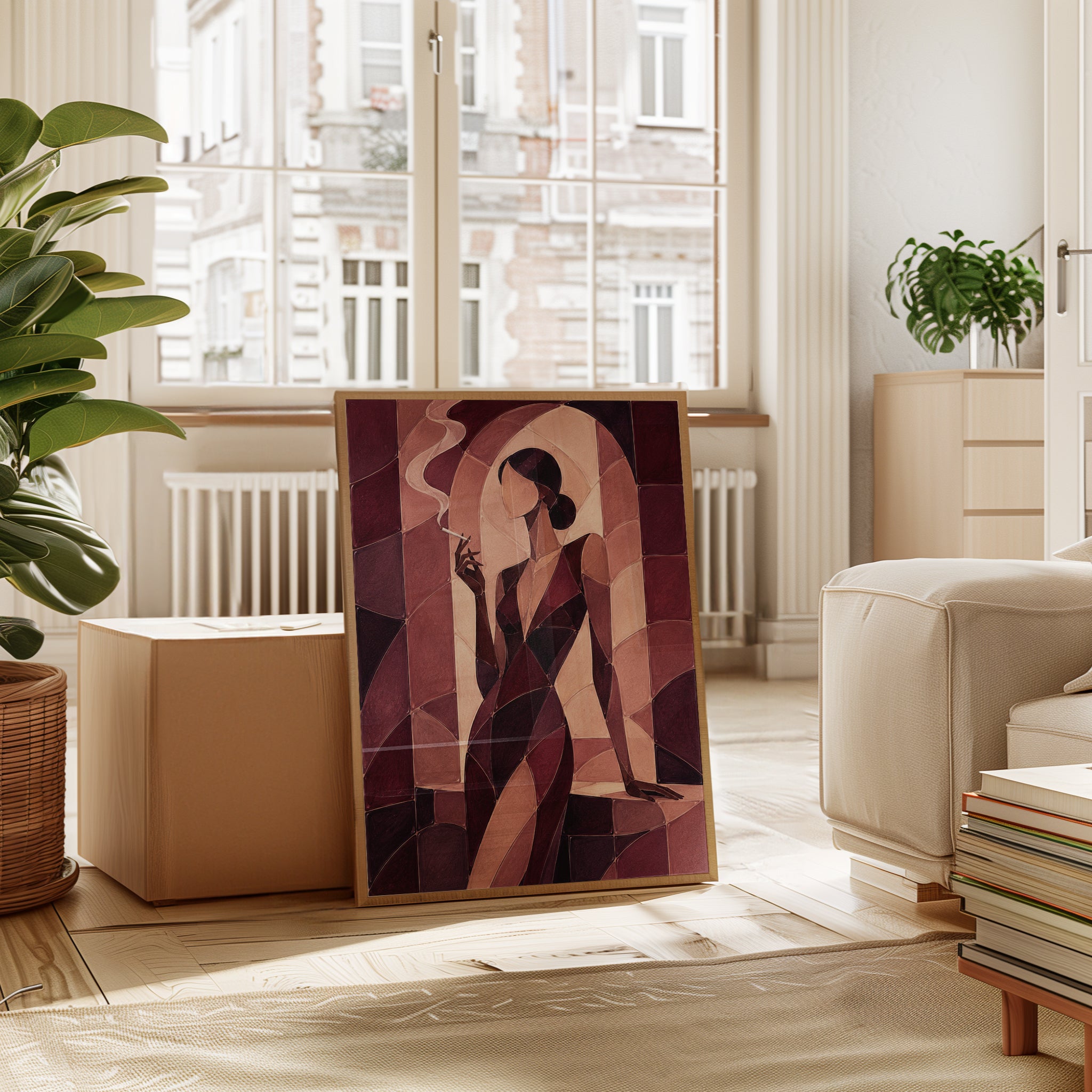 Art Deco Woman With Cigarette: Geometric Burgundy Wall Art - interior