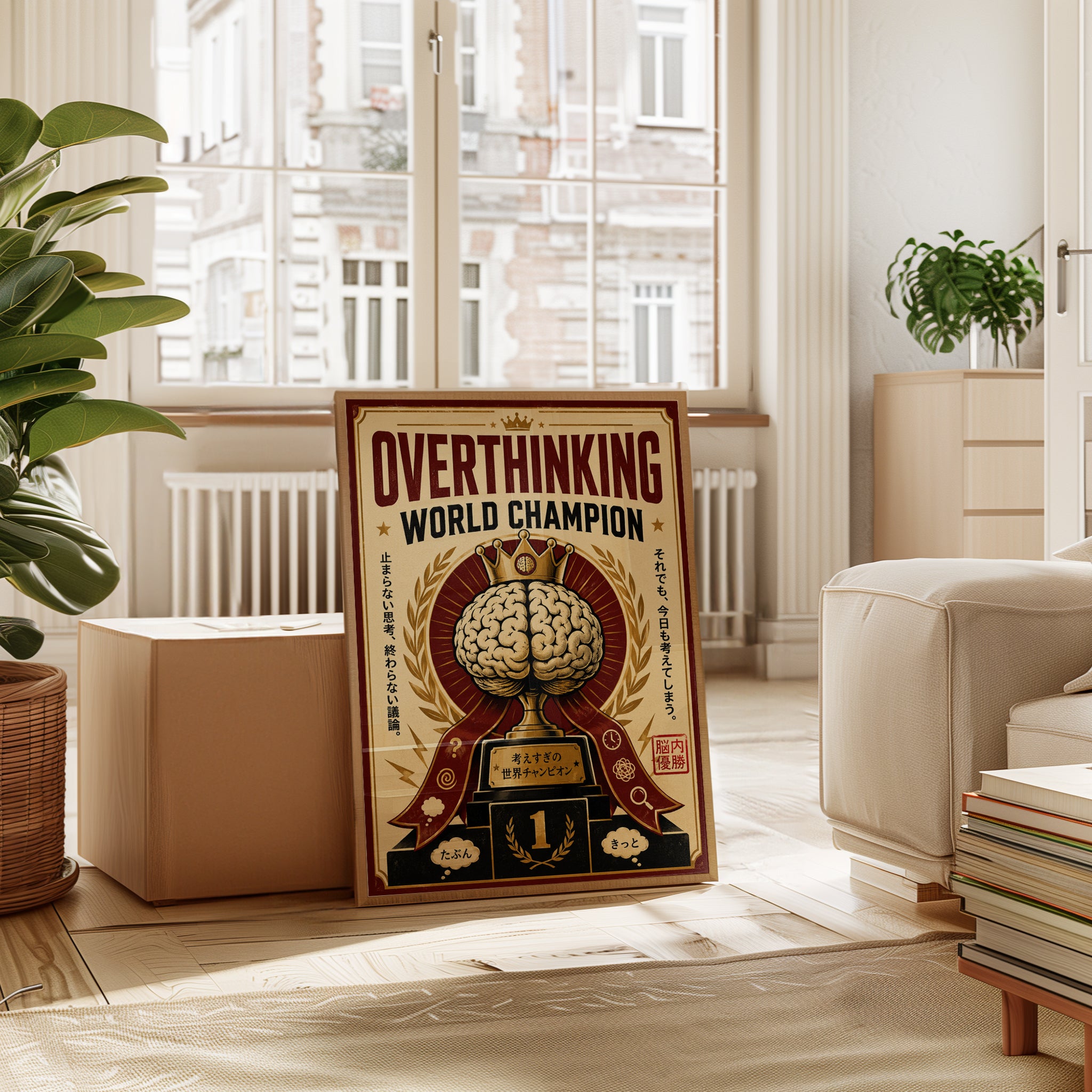 Overthinking World Champion Poster: Retro Japanese Trophy Design - interior