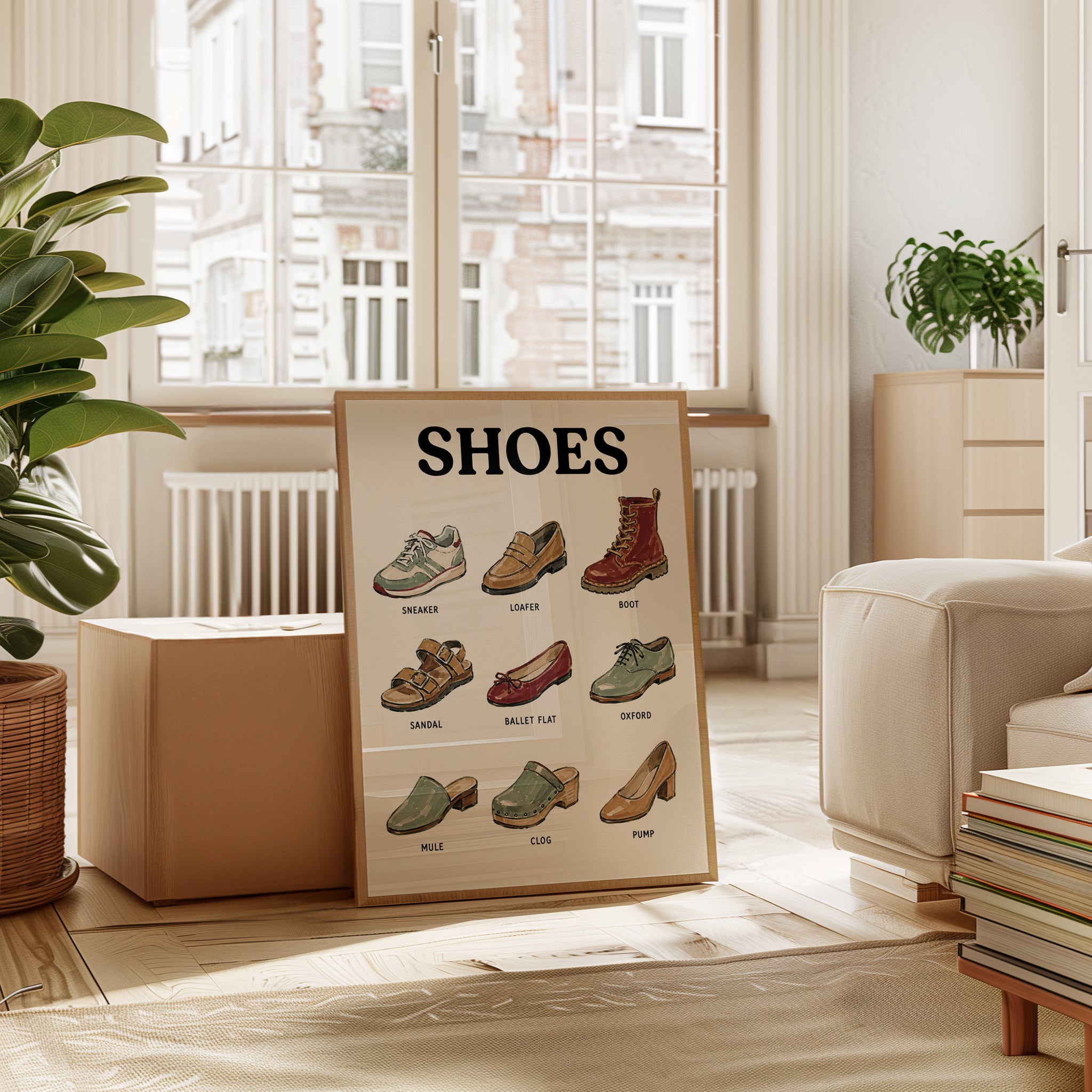 Vintage Shoe Types Chart Poster: Retro Fashion Illustration - interior