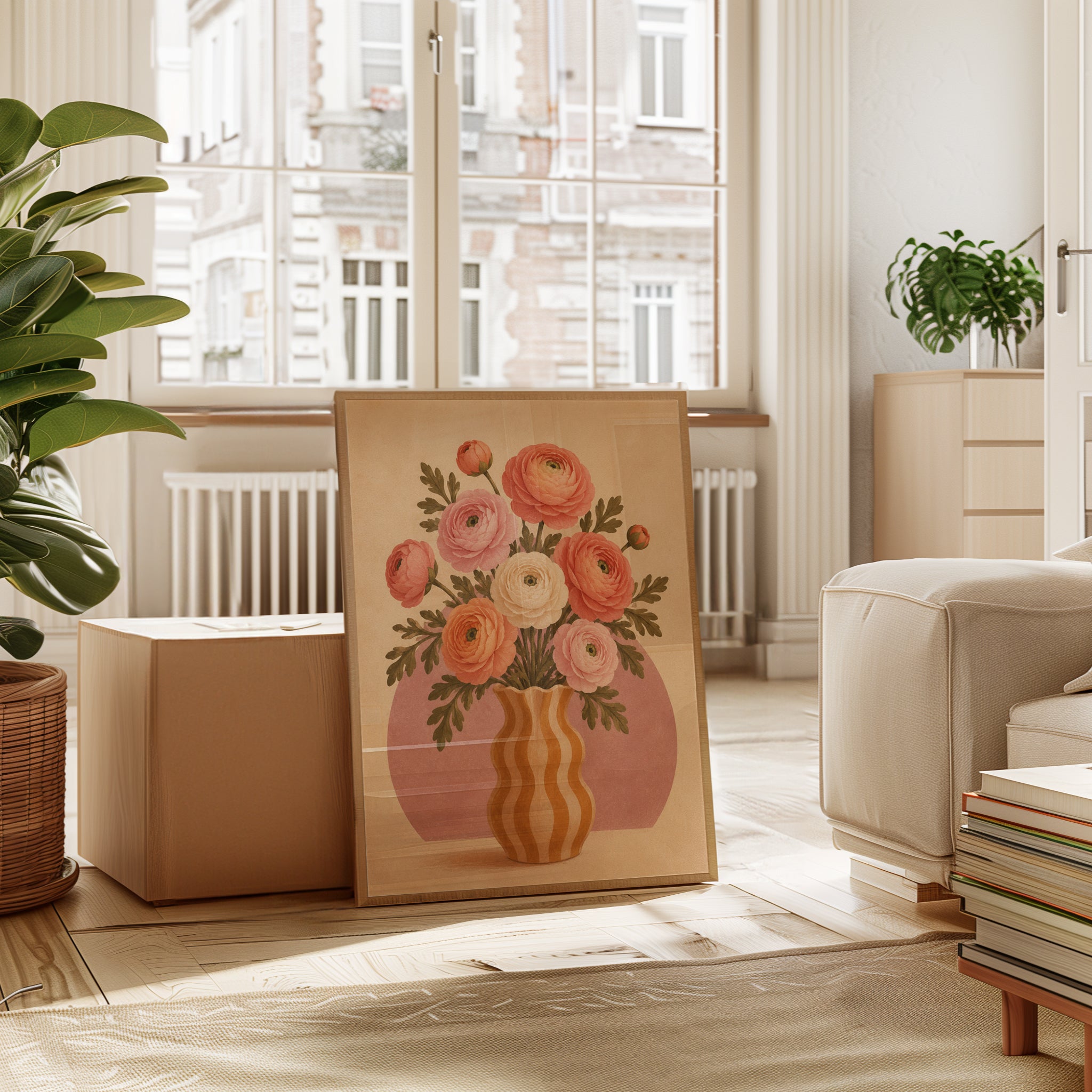 Ranunculus Vase Print – Retro Floral Wall Art - interior