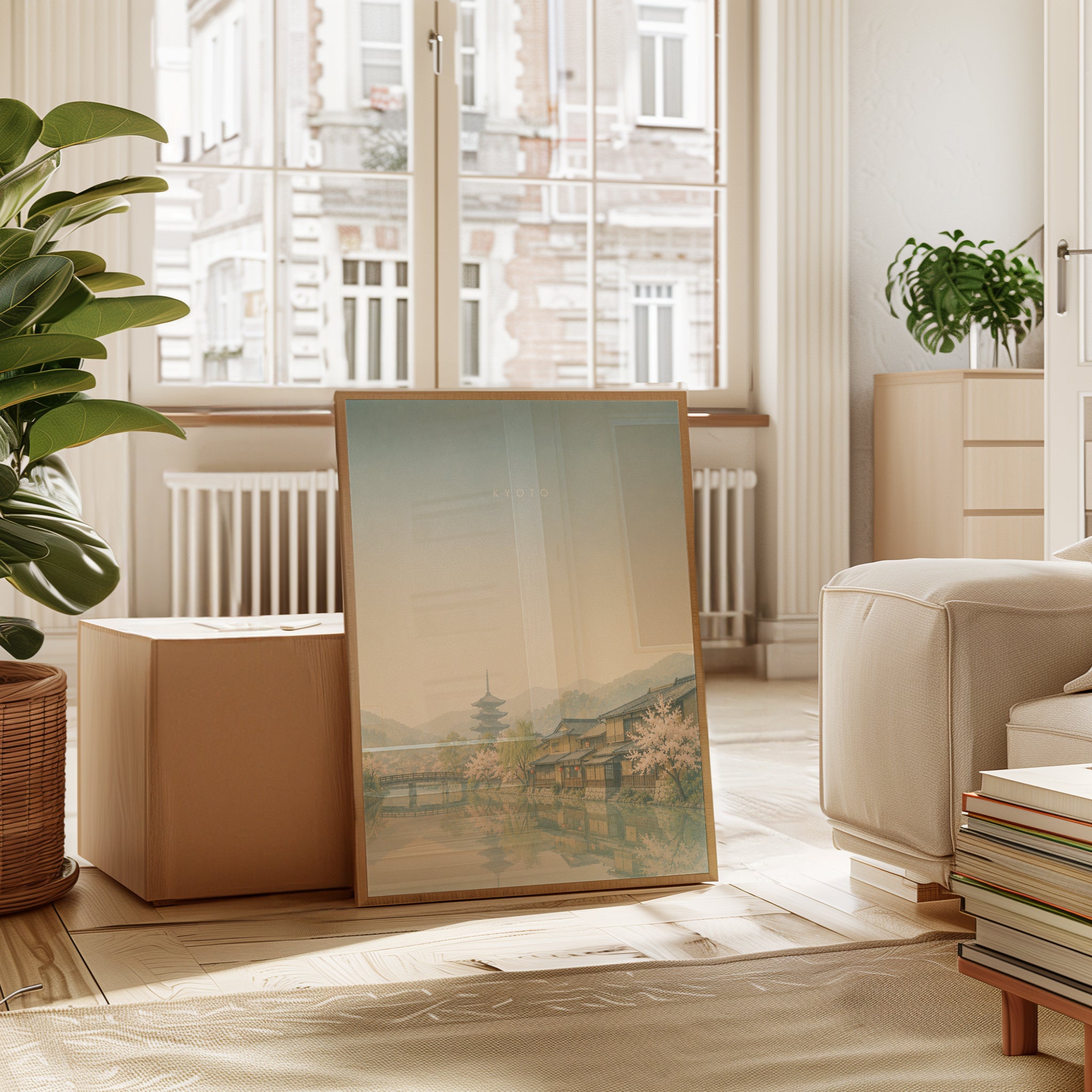 Kyoto Temple Landscape Print: Soft Pastel Japanese Cityscape Art - interior
