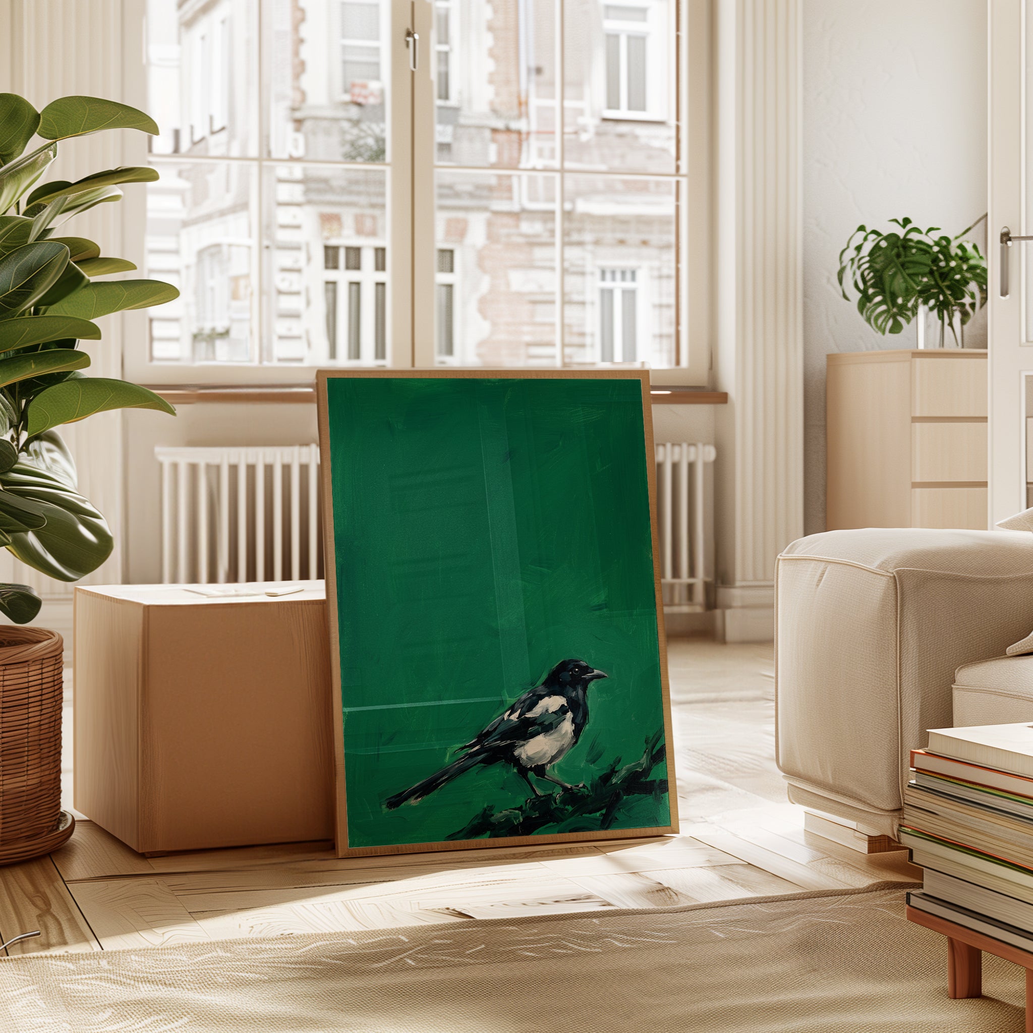 Magpie Bird Painting — Expressive Black & White on Green - interior