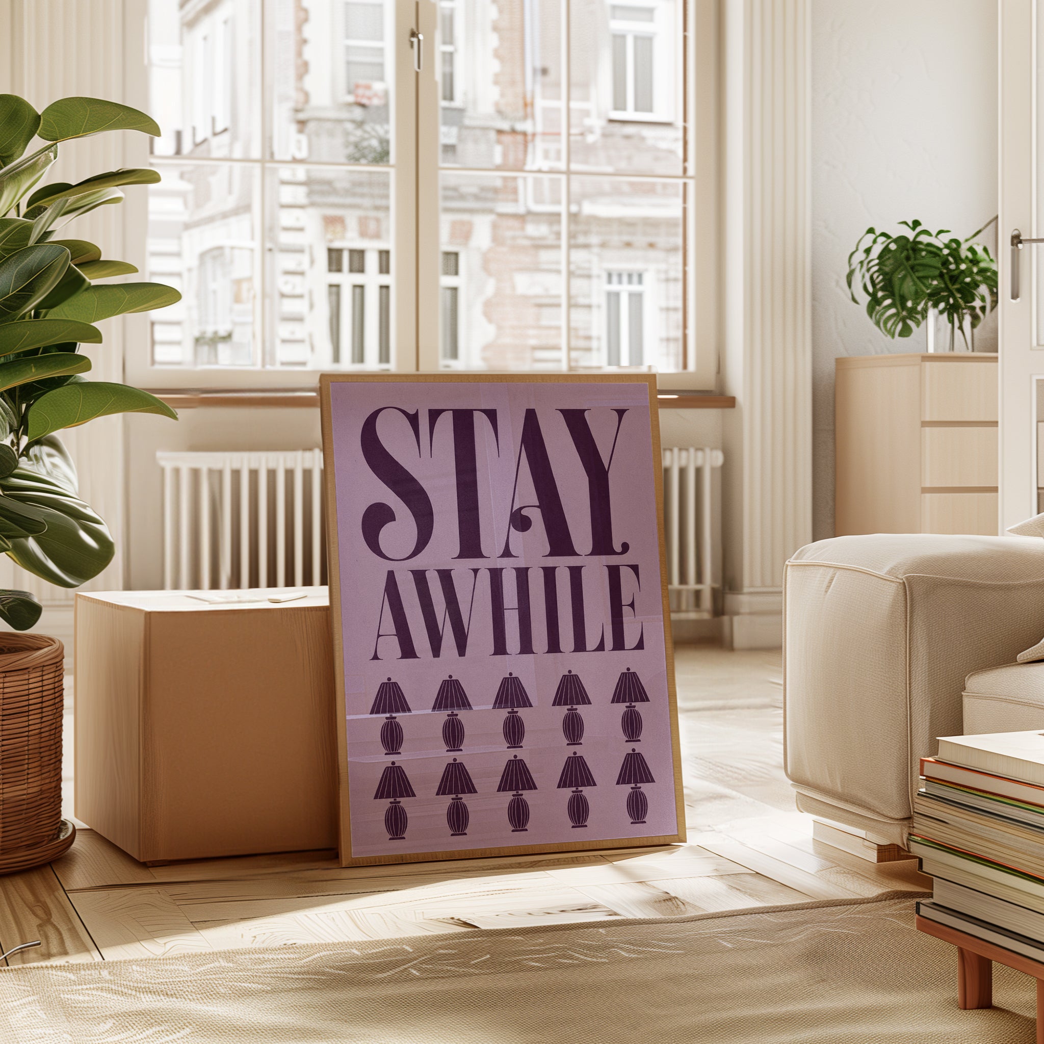 Stay Awhile Print: Retro Typography with Vintage Lamps - interior