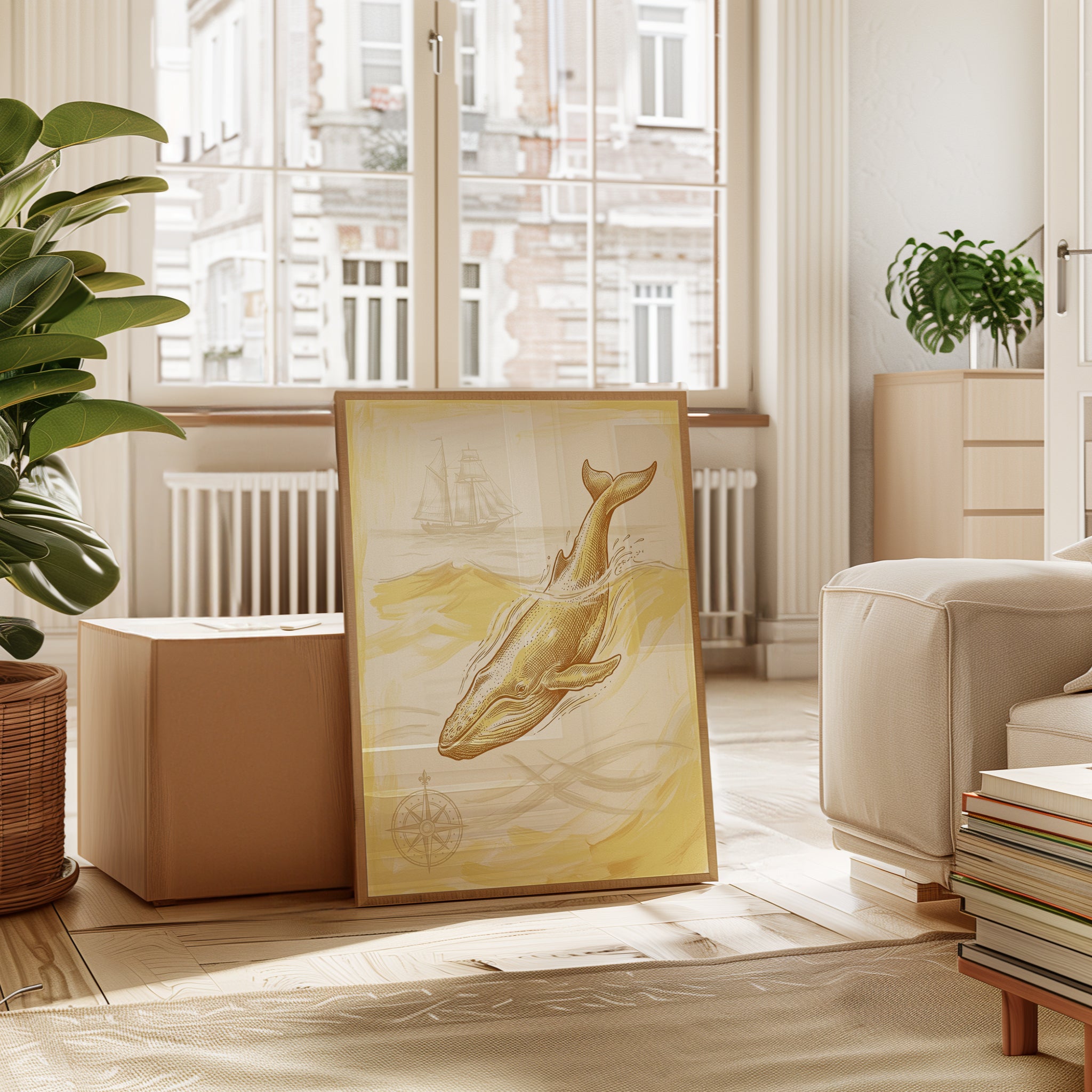 Golden Whale and Ship Art Print: Vintage Nautical Illustration - interior