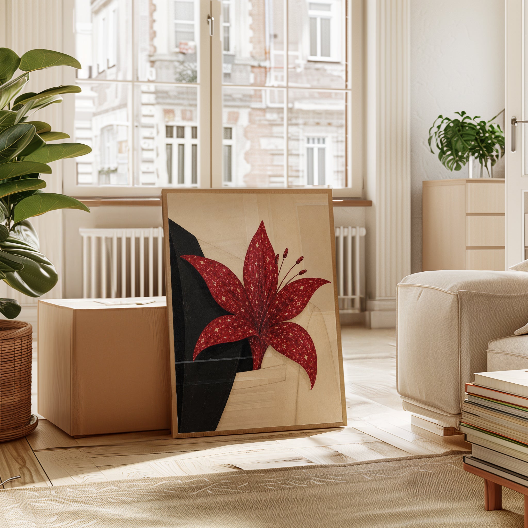 Red Lily Flower Art Print: Geometric Botanical Design - interior