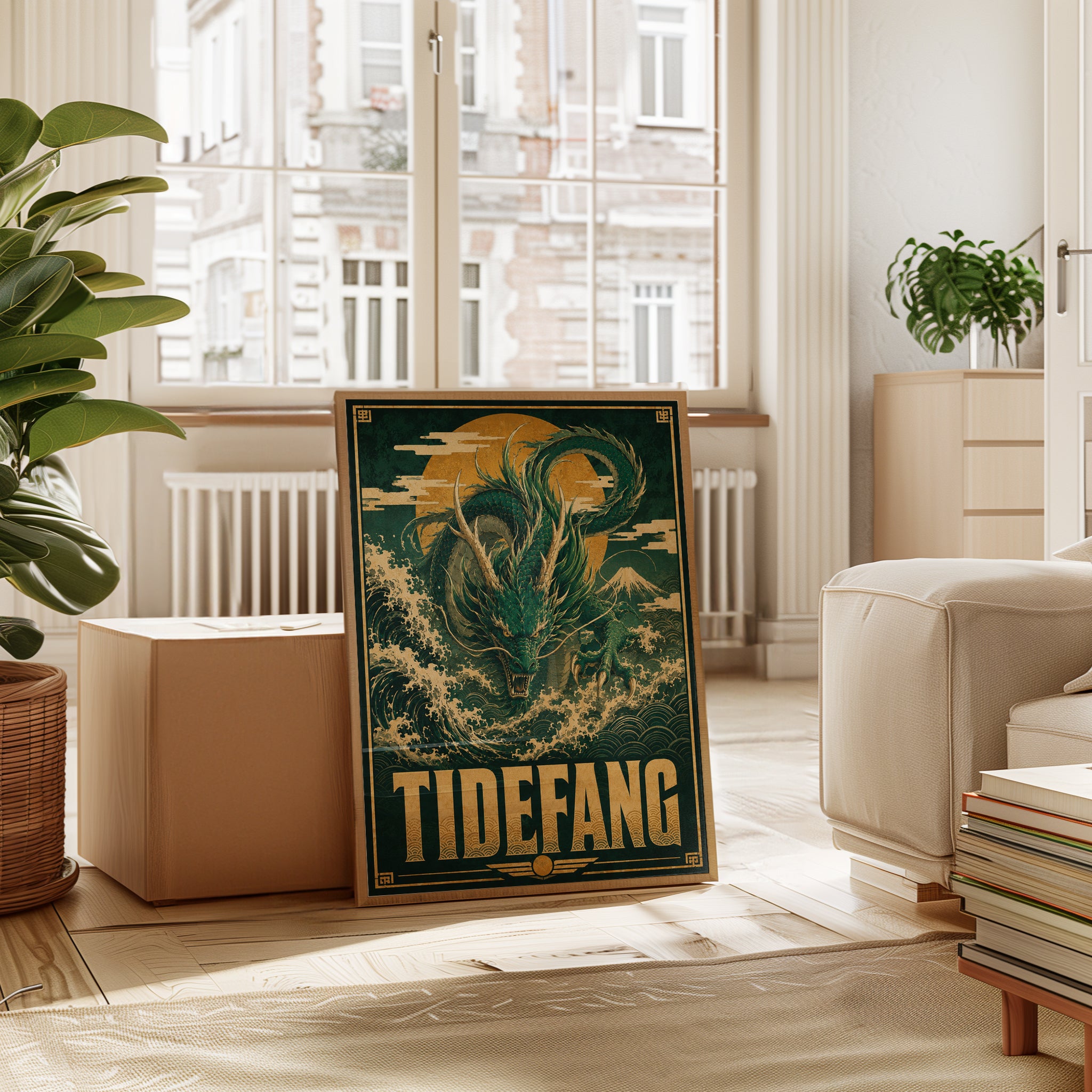 Japanese Dragon Art Print: Green and Gold Vintage Poster Design - interior