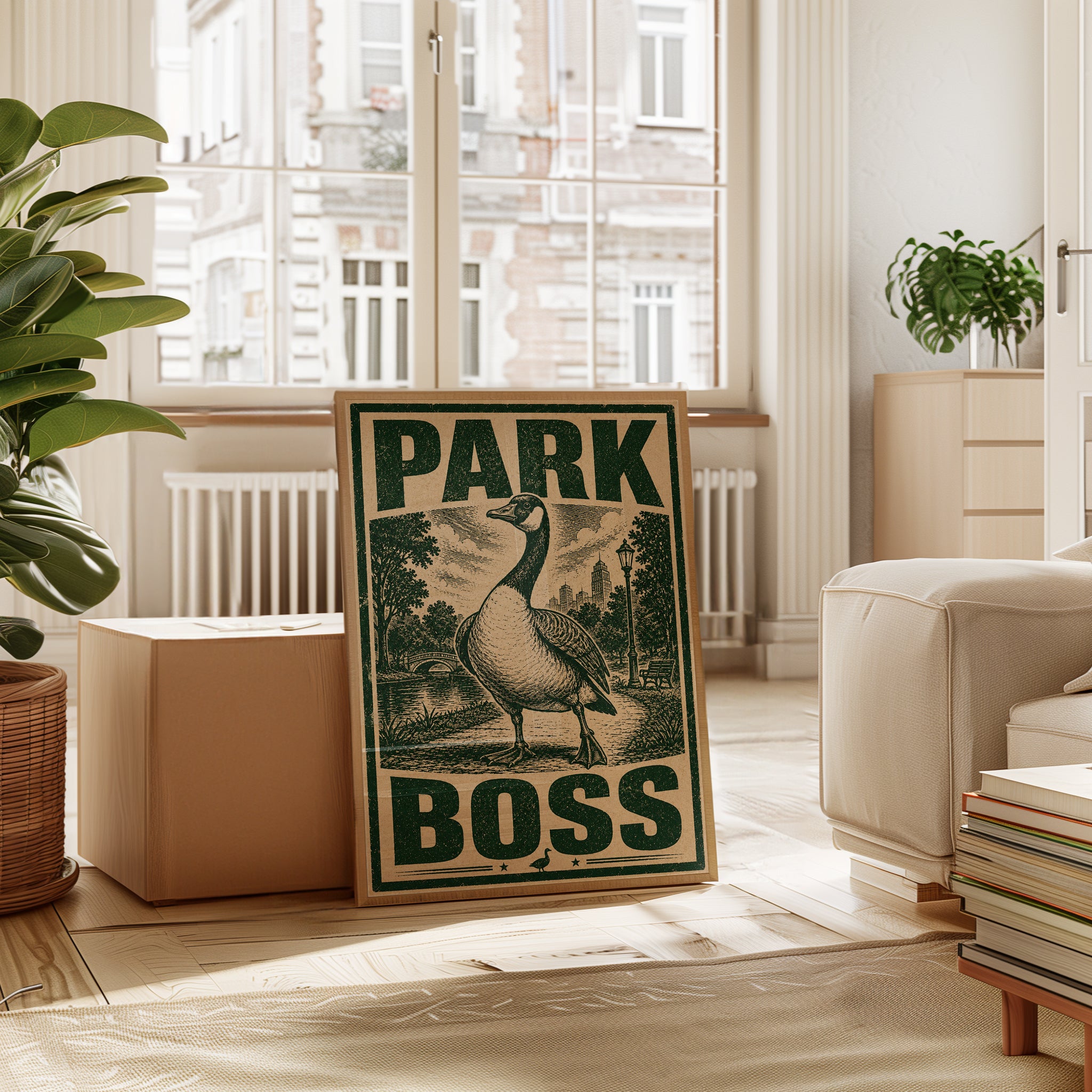 Park Boss Goose Print: Vintage Woodcut Style Green Poster - interior