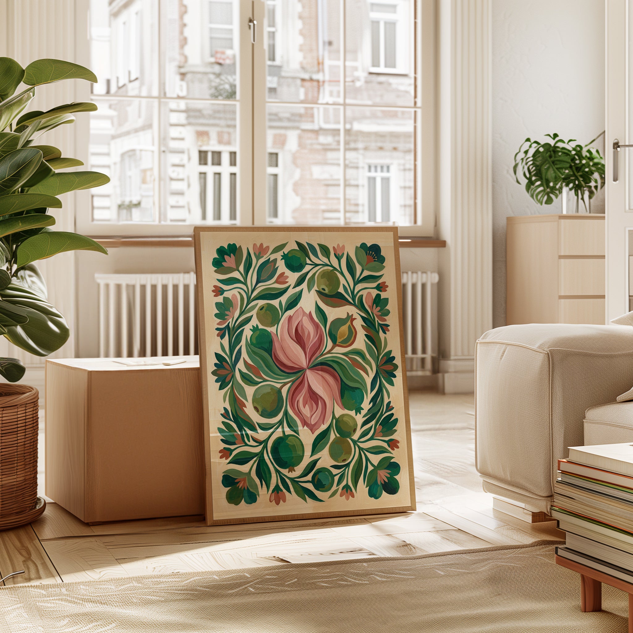 Folk Art Botanical Print: Pink Tulip and Green Pomegranate Design - interior