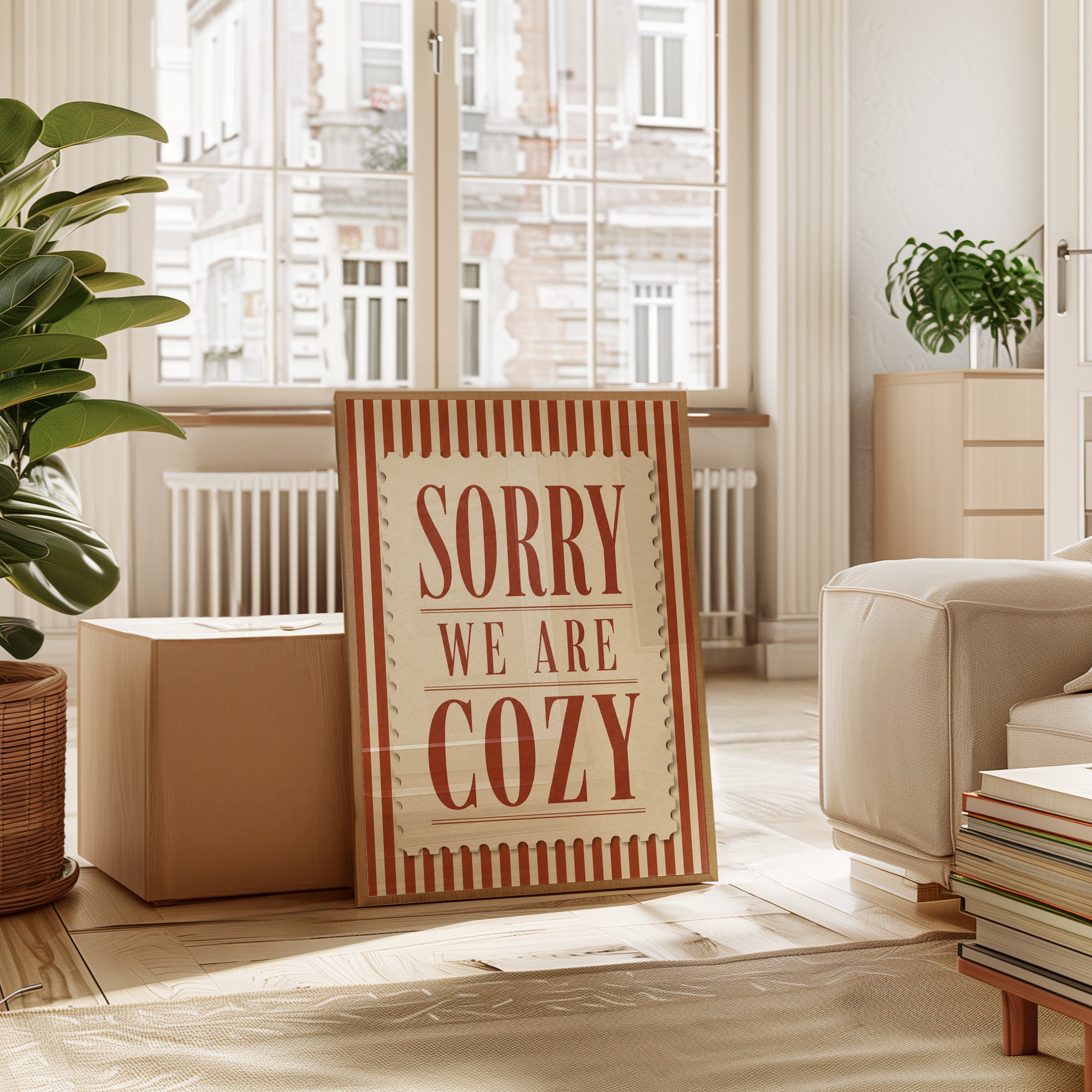 Sorry We Are Cozy Wall Art: Retro Striped Typography Print - interior