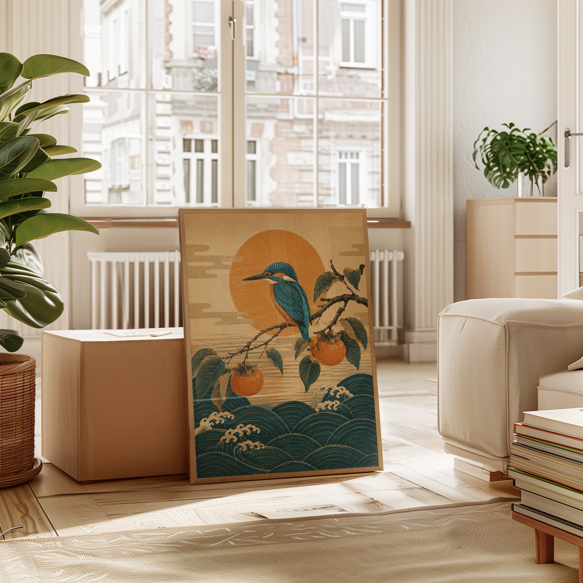 Kingfisher Wall Art: Asian Botanical Print (Ukiyo-e Style) - interior