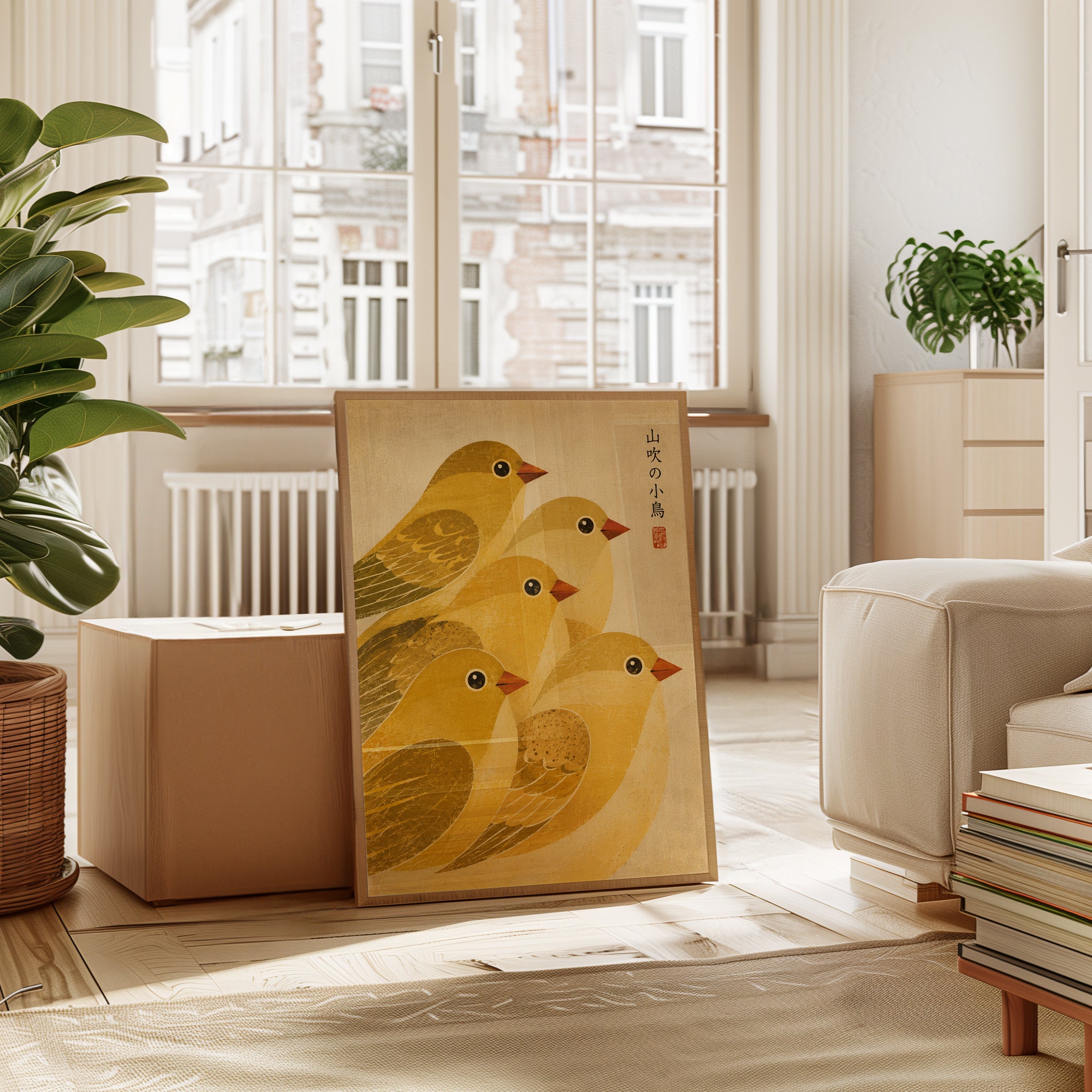 Japanese Bird Art Print — Vintage-Inspired Gold Yellow Birds - interior